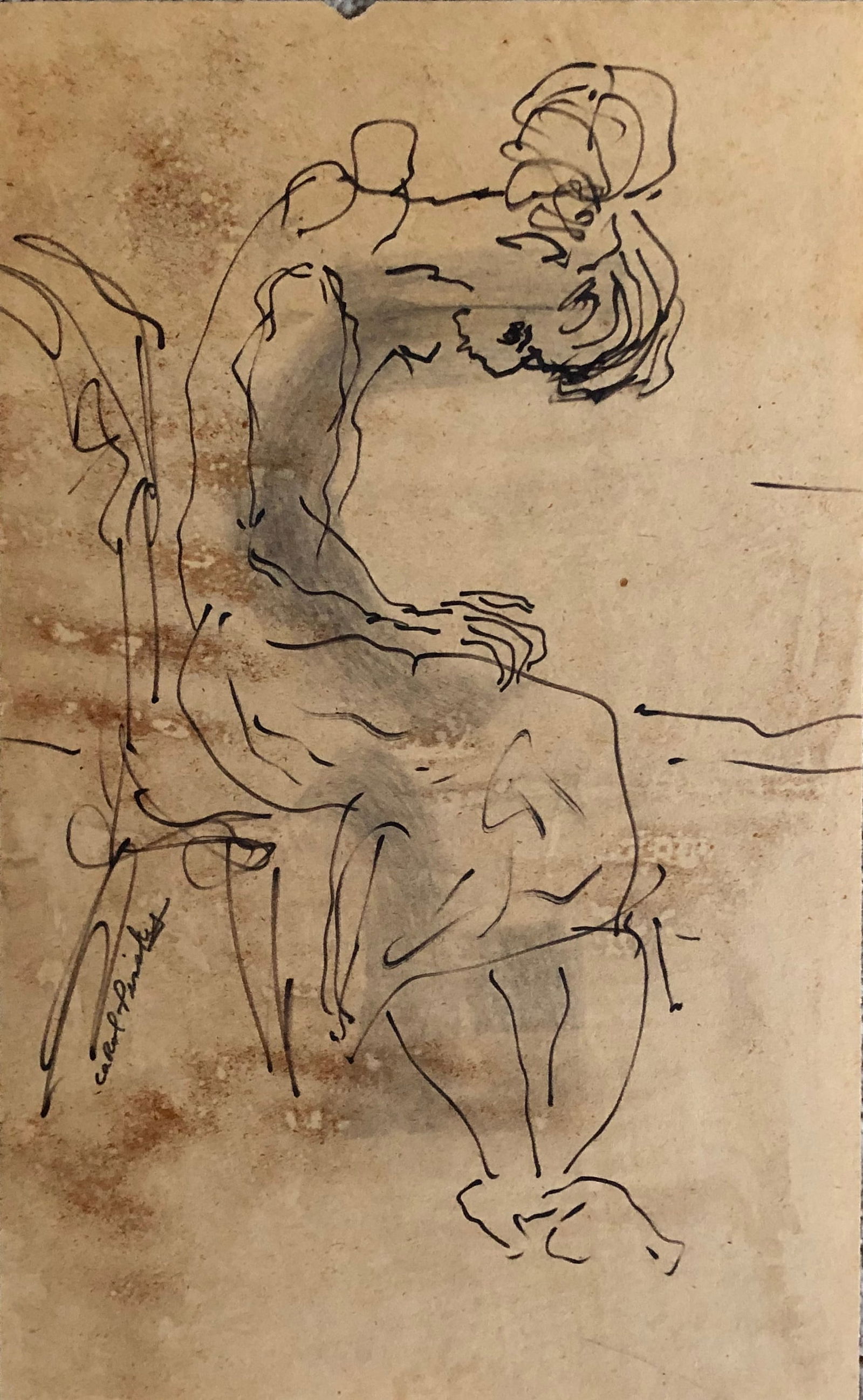 Carol Pinsky -Mid Century Painting: Carol Pinsky - Vintage black and white ink drawing on brown crime toned paper. Signed lower right. Provenance direct from family. Size 12 x 7 1/4". She was in the same class as Leroy Neiman at