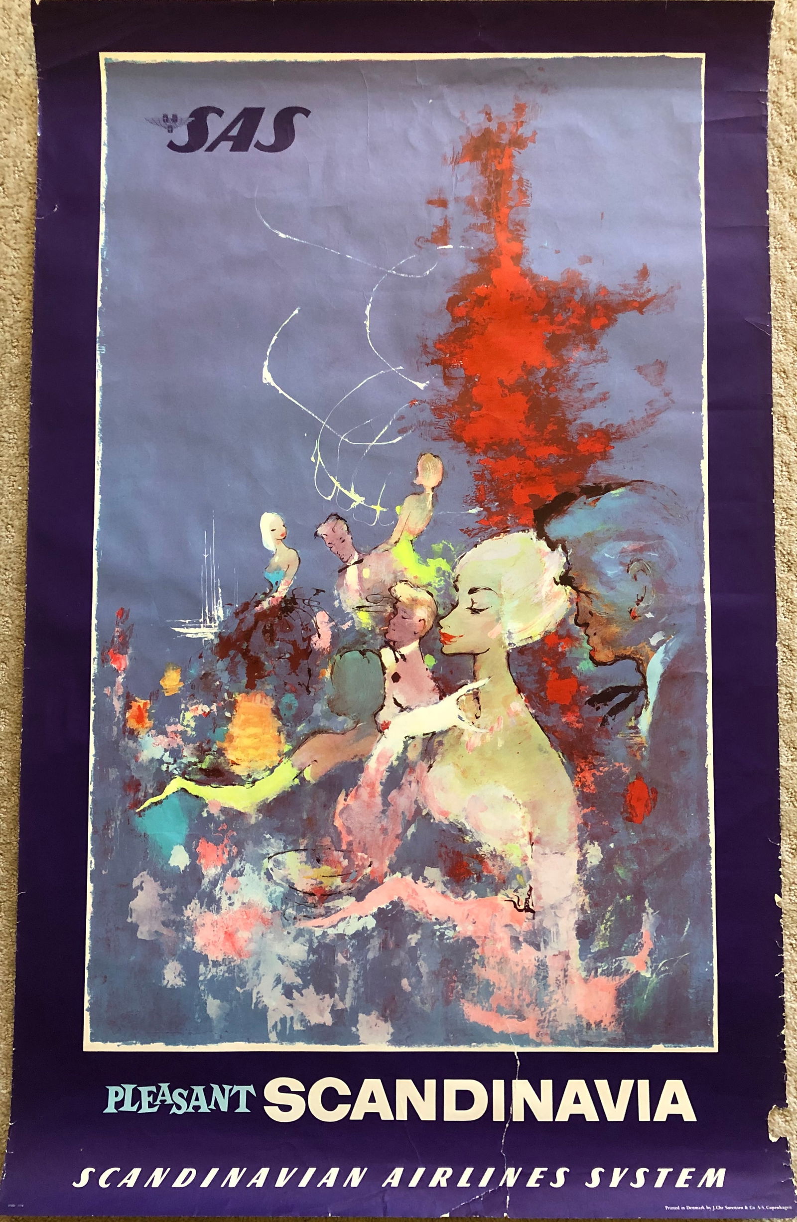 SAS Pleasant Scandinavia Airline Poster: SAS Pleasant Scandinavia Airline Poster - printed in Denmark by J. Chr. Sorensen + Co. Circa 1960. Designed by Otto Nielsen. Dimension: 39 1/4 x 24 1/2".