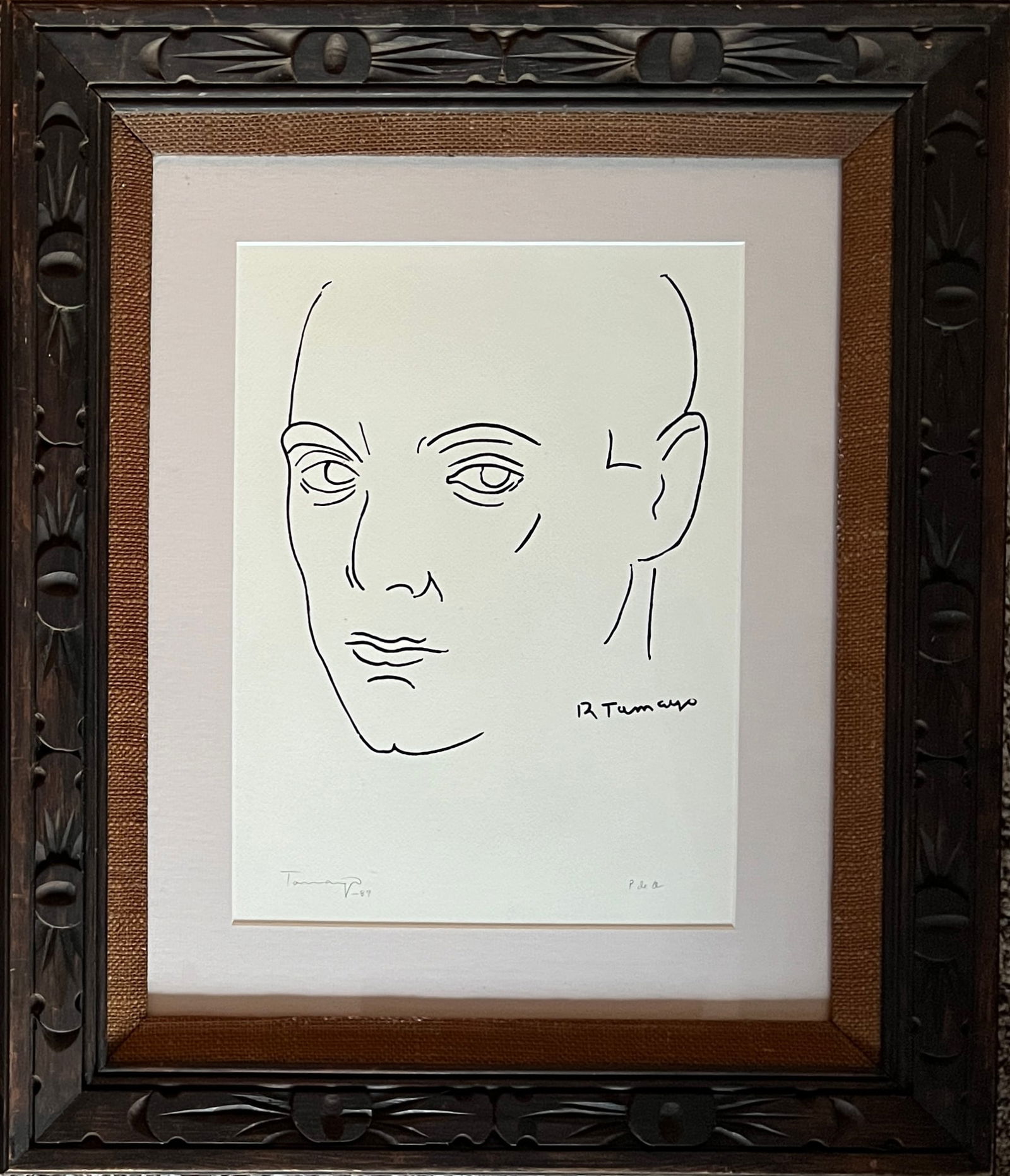 Rufino Tamayo (1899-1991) MX - Very RARE signed print: Rufino Tamayo - (1899-1991) MX - Very RARE signed print. " Portrait of Carlos Pellicer" Stamped verso UNAM (Universad Nacional Autonoma De Mexico) noted " EE 28-50 , RT - 1989. Dimension: 