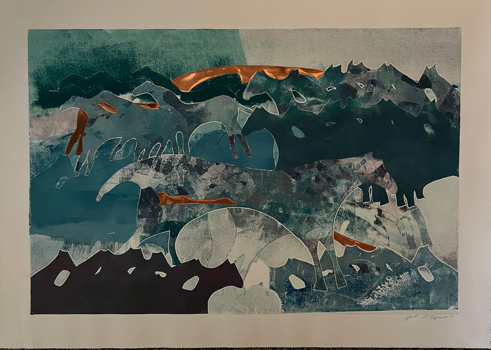 Jack R. Eggman -mid century signed: Jack R Eggman (b. 1954- ) Monoprint inlaid with copper. Signed in pencil lower right w/ seal. Povenance - Pasadena collector His work is known for his copper inlaid monotypes.