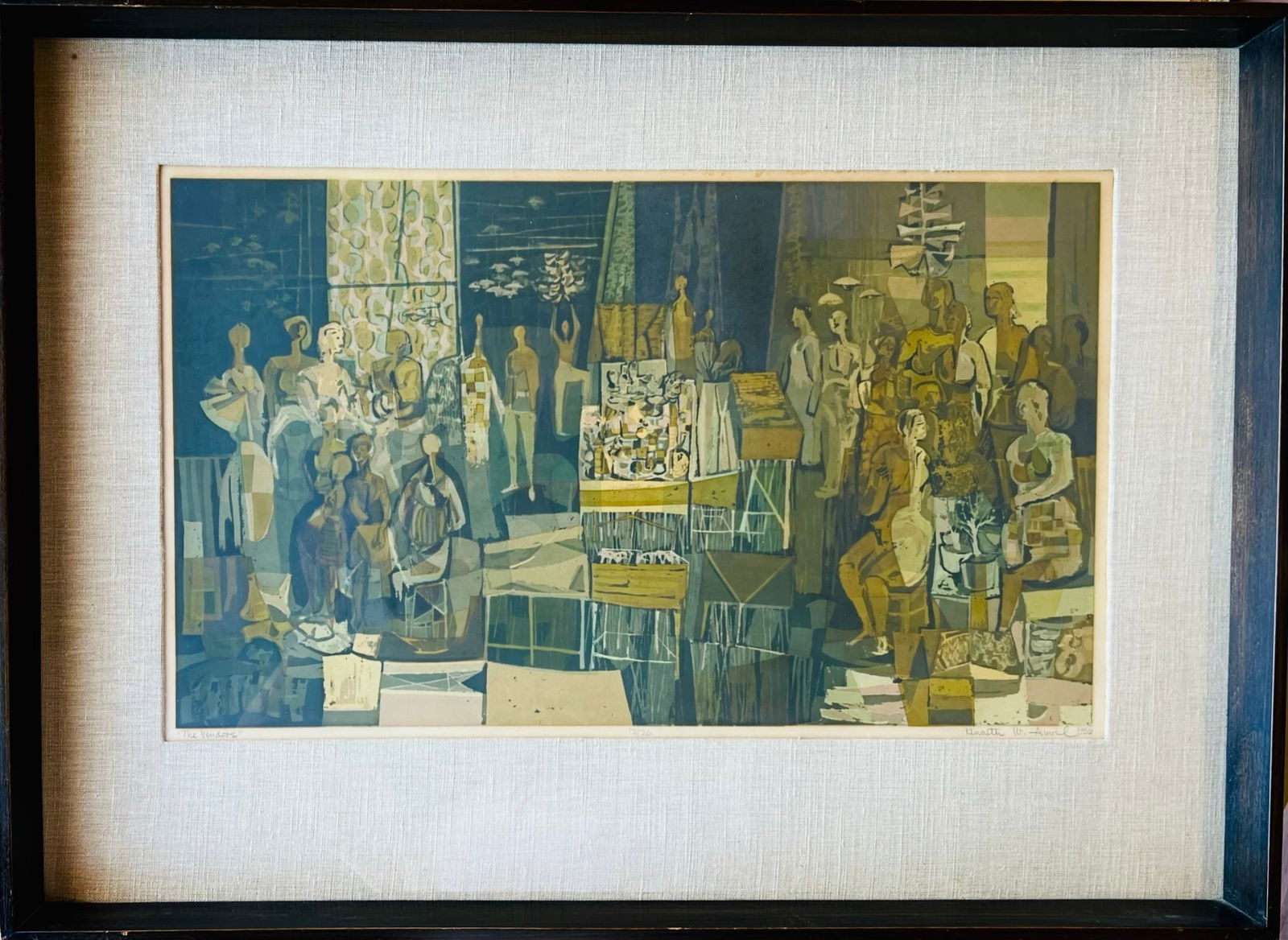Kenneth Auvil (1925-1999) Mid Century Abstract Signed print 1956: Kenneth Auvil (b. 1925-1999)- Title: The Vendors Year: 1956 Print edit 12 / 26- signed lower right/dated Beautiful vintage framed. A letter from 1967 on verso is accompanied from Gumps