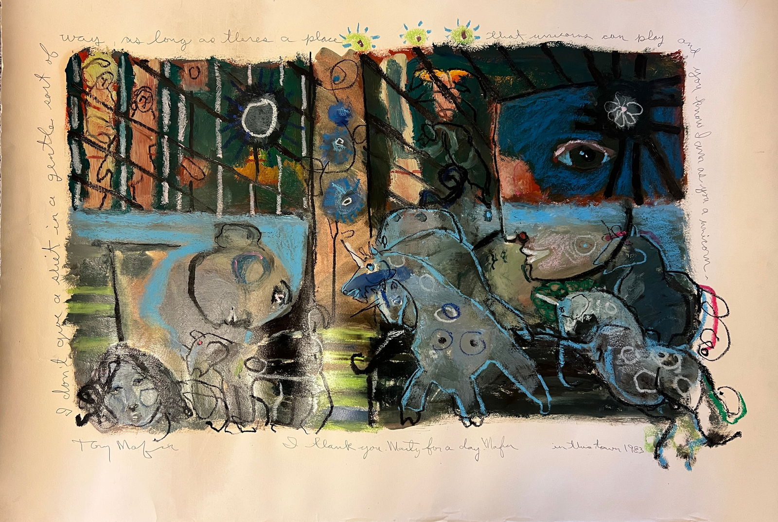 Tony Mafia - Painting for Martin Landau: Tony Mafia Title: In This Town Painting on Paper. Inscribed/Commisioned to actor Martin Landau. Provenance: Martin Landau Beautiful painting with deep strong vibrant colors and text like