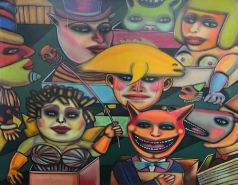 Christina De Mussee: Christina De Musee - " Meeting of Fools " color screenprint, signed and numbered. Edition 119 / 150 in silver marker. Dimension sheet: 38 x 45" frame: 41 1/2 x 49" w plexiglass. Her work