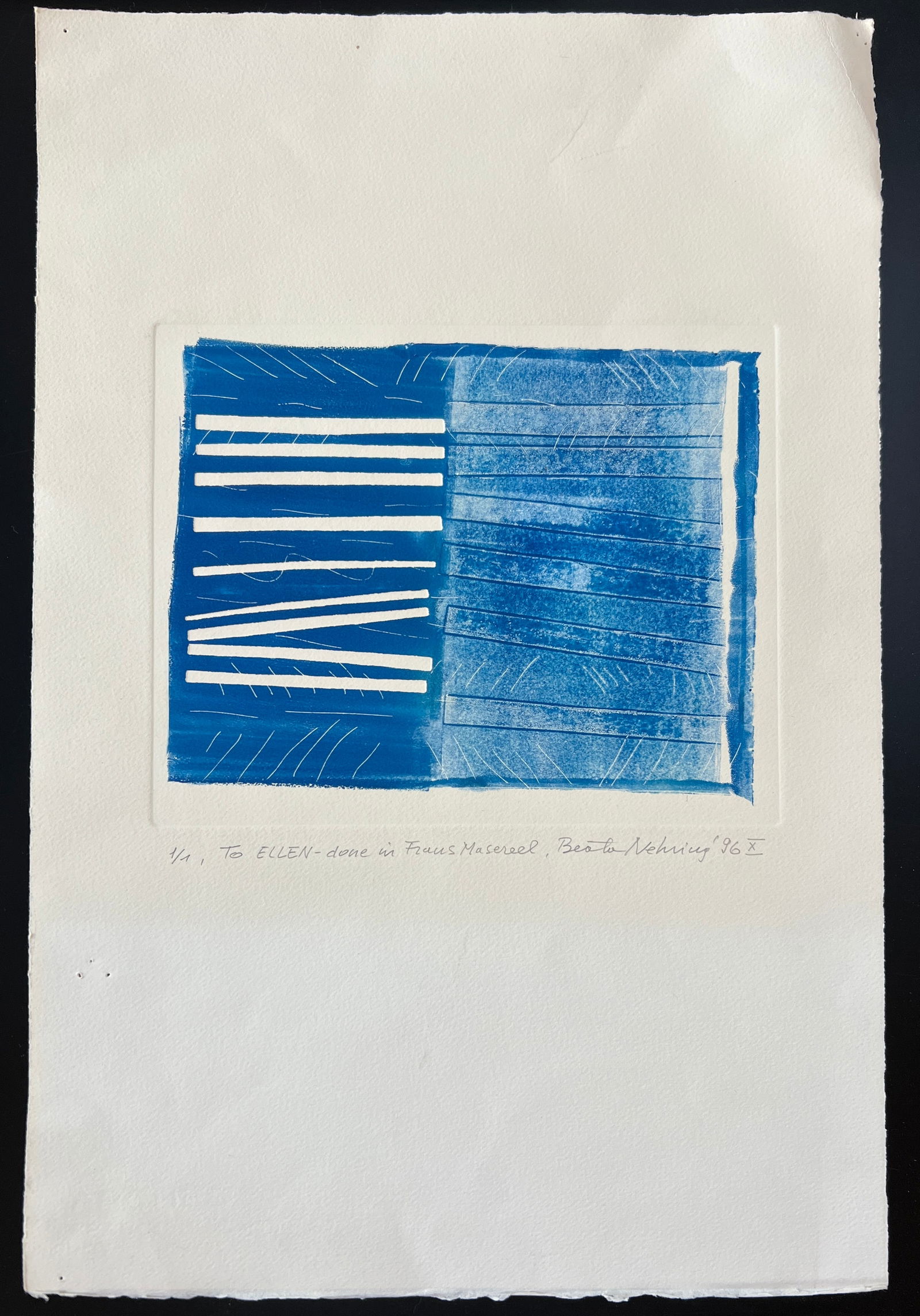 Beata Nehring (Poland) edit 1/1 inscribed to another artist: Beata Nehring (Poland) Edition 1/1. Inscribed to another artist, Ellen, signed and dated '96. Sheet 19.5 x 13 . Art 7.75 x 9.5.