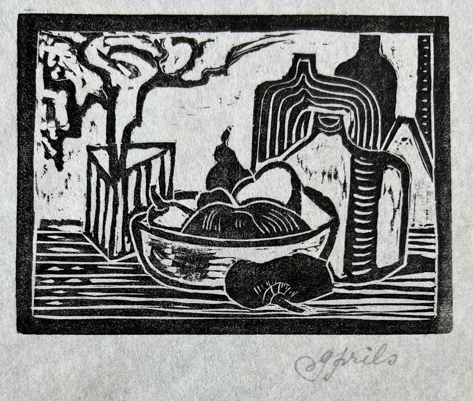 Gustaaf Prils (Belgian 1921-2006) Woodblock signed: Gustaaf Prils (Belgian 1921-2006) Woodblock. Signed pencil. Dimension; Sheet 12 x 9, Image 3.5x 4.5