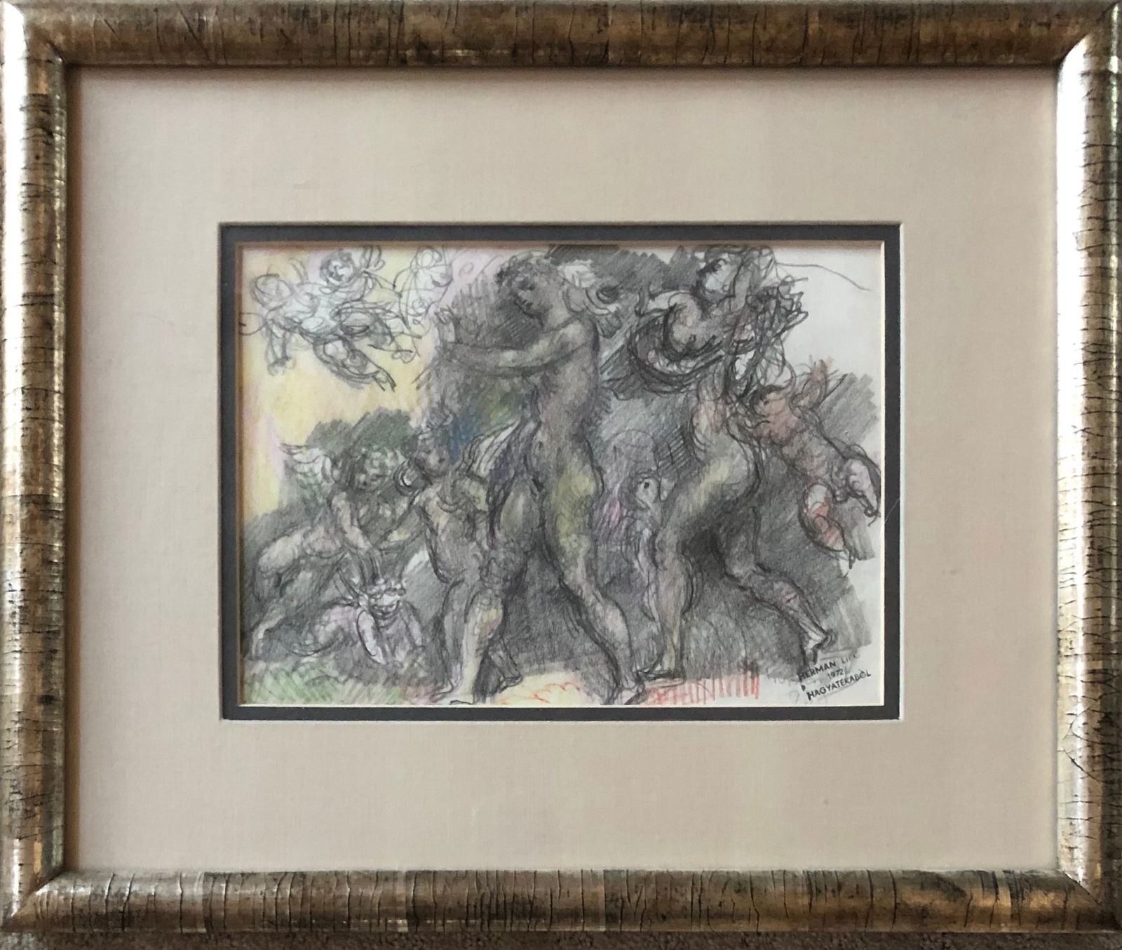 Lipot Herman (1884-1972) Original Mix Medium / Signed: Lipot Herman - " Allegorical Scenes" graphite and color crayon on paper Signed with artist stamp 1972 Frame 15 x 18 Site 10 1/2 x 7 1/2"
