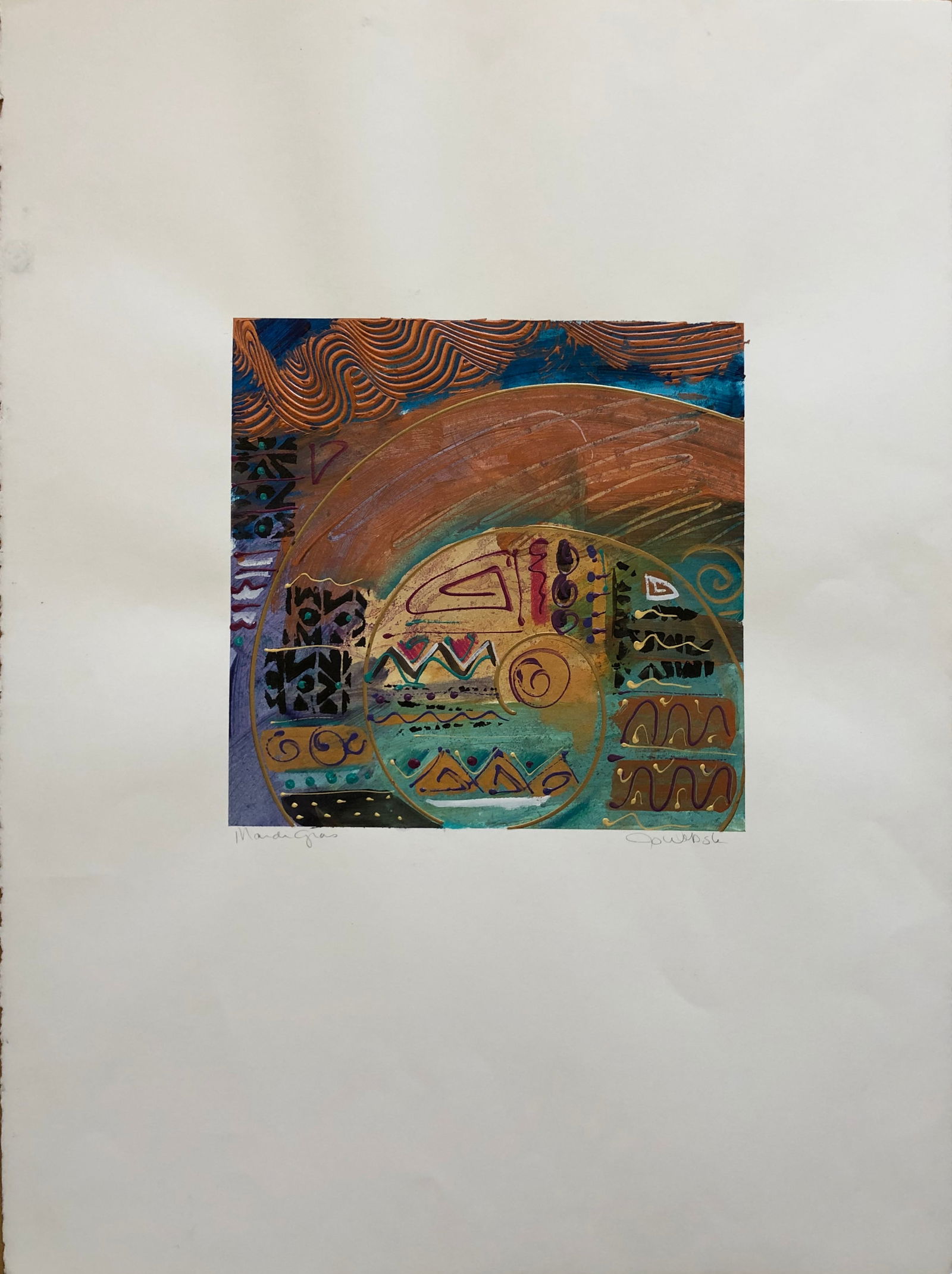 Jo Webster- Mix Medium Painting: Jo Webster - Mix Medium Title: Mardi Gras Signed lower right. 30 x 22 1/4" Incredible textures and colors