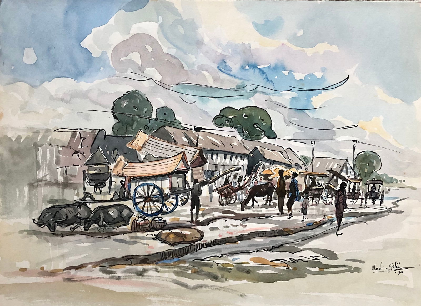 Muslim Saleh -(b. 1927 Sumatra)- painting: Muslim Saleh (b. 1927 Sumatra) Beautiful watercolor and ink on paper. 10 3/4 x 14 3/4 " Signed lower right Dated 1970