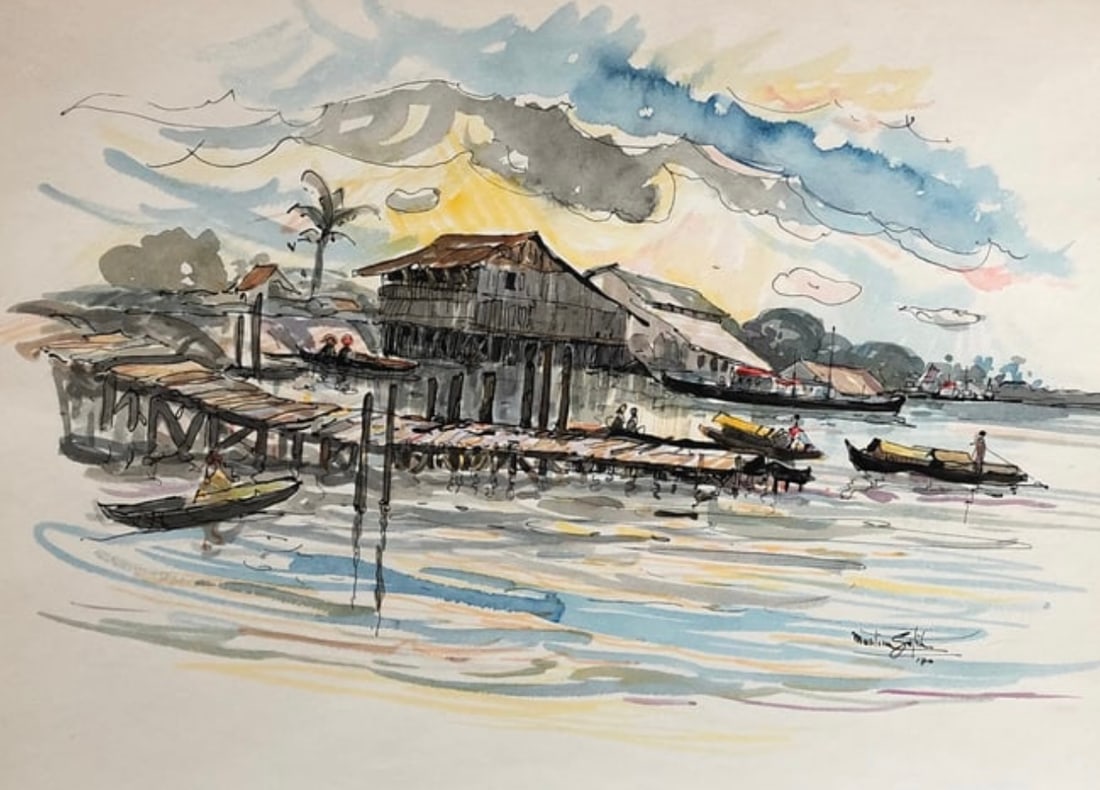 Muslim Saleh -(b. 1927 Sumatra)- painting: Muslim Saleh (b. 1927 Sumatra) Beautiful watercolor and ink on paper. 10 3/4 x 14 3/4 " Signed lower right Dated 1970