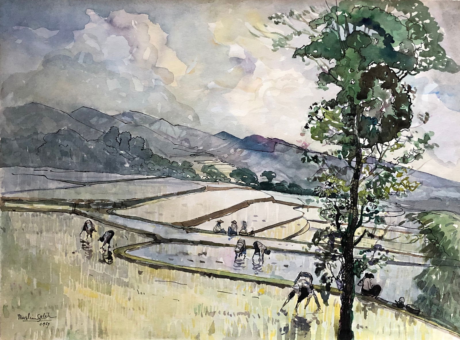 Muslim Saleh -(b. 1927 Sumatra)- painting: Muslim Saleh (b. 1927 Sumatra) Beautiful watercolor and ink on paper. 10 3/4 x 14 3/4 " Signed lower right Dated 1969