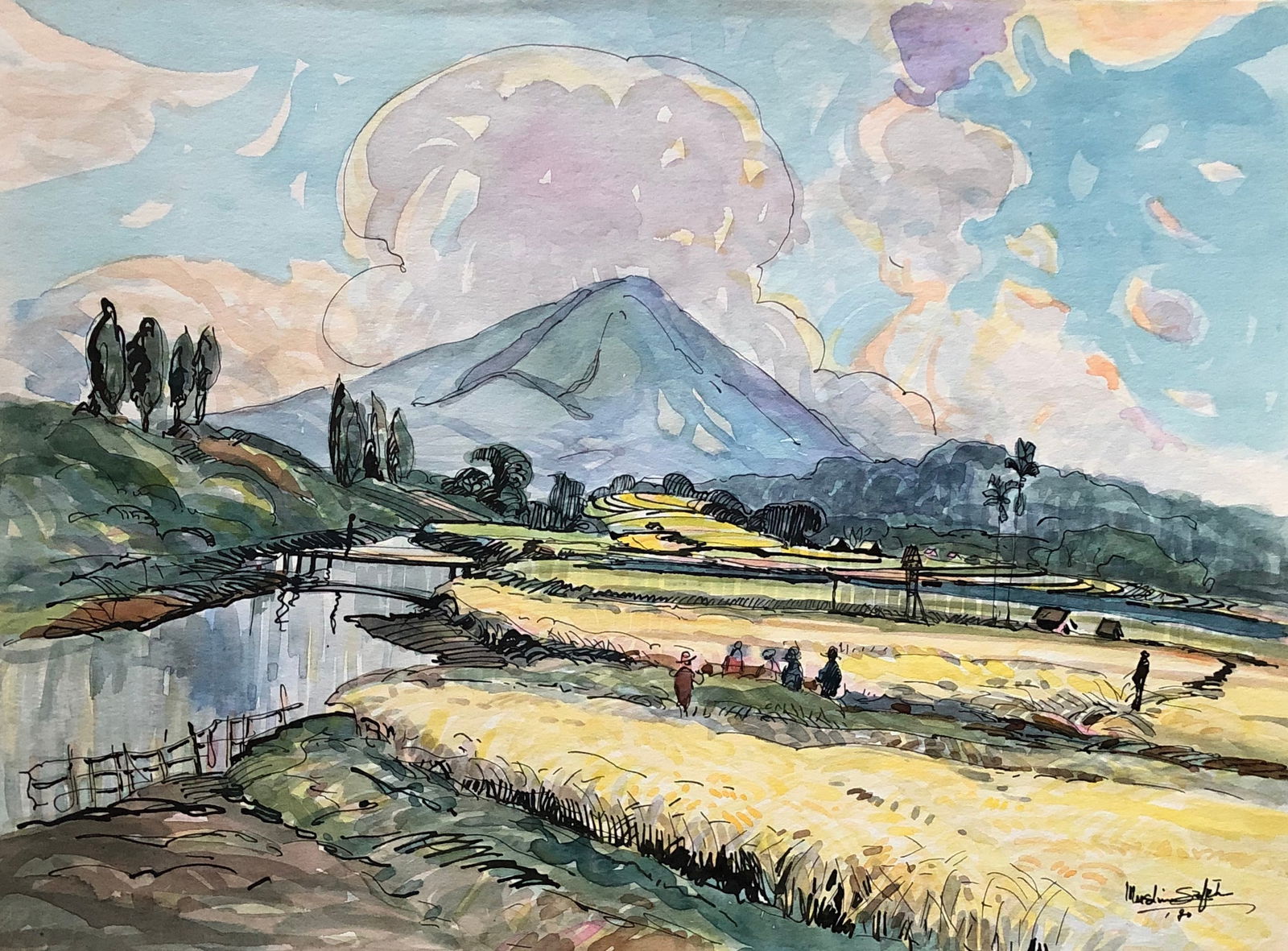 Muslim Saleh -(b. 1927 Sumatra)- painting: Muslim Saleh (b. 1927 Sumatra) Beautiful watercolor an ink on paper. 10 3/4 x 14 3/4 " Signed lower left Dated 1970