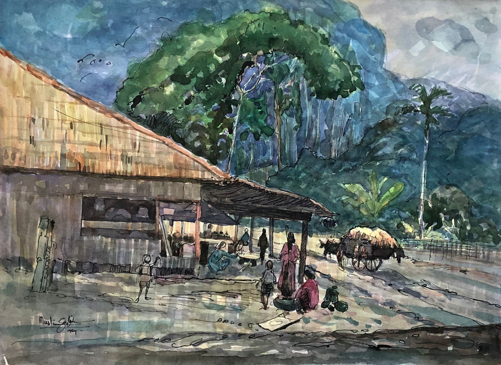Muslim Saleh -(b. 1927 Sumatra)- painting: Muslim Saleh (b. 1927 Sumatra) Beautiful watercolor and ink on paper. 10 3/4 x 14 3/4 " Signed lower right Dated 1969