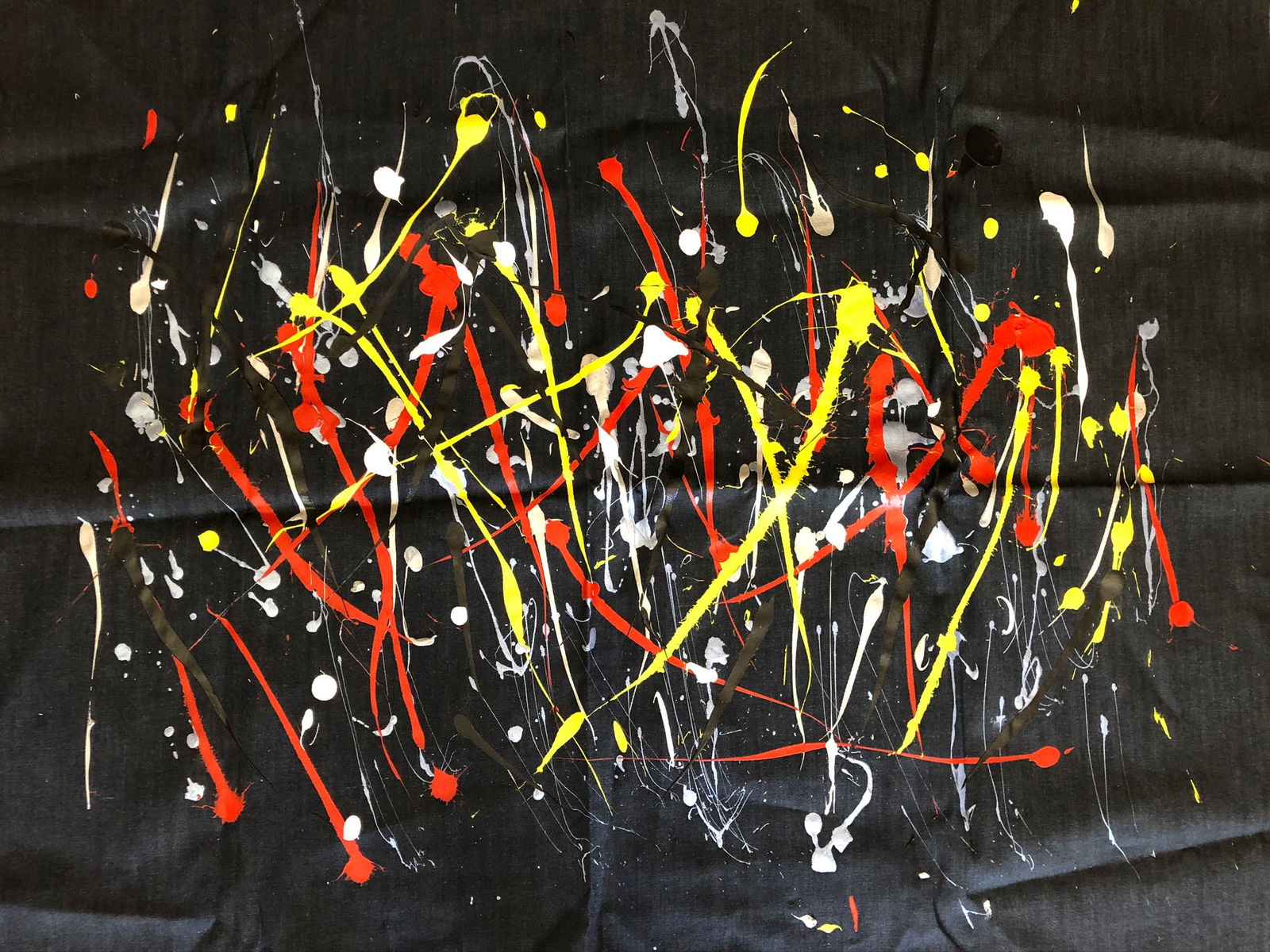 Betty Alanis- painting: Betty Alanis - Abstract painting on denim- splatter spot. Known for her abstract works and designs on paper and textile. 37 x 51" signed verso