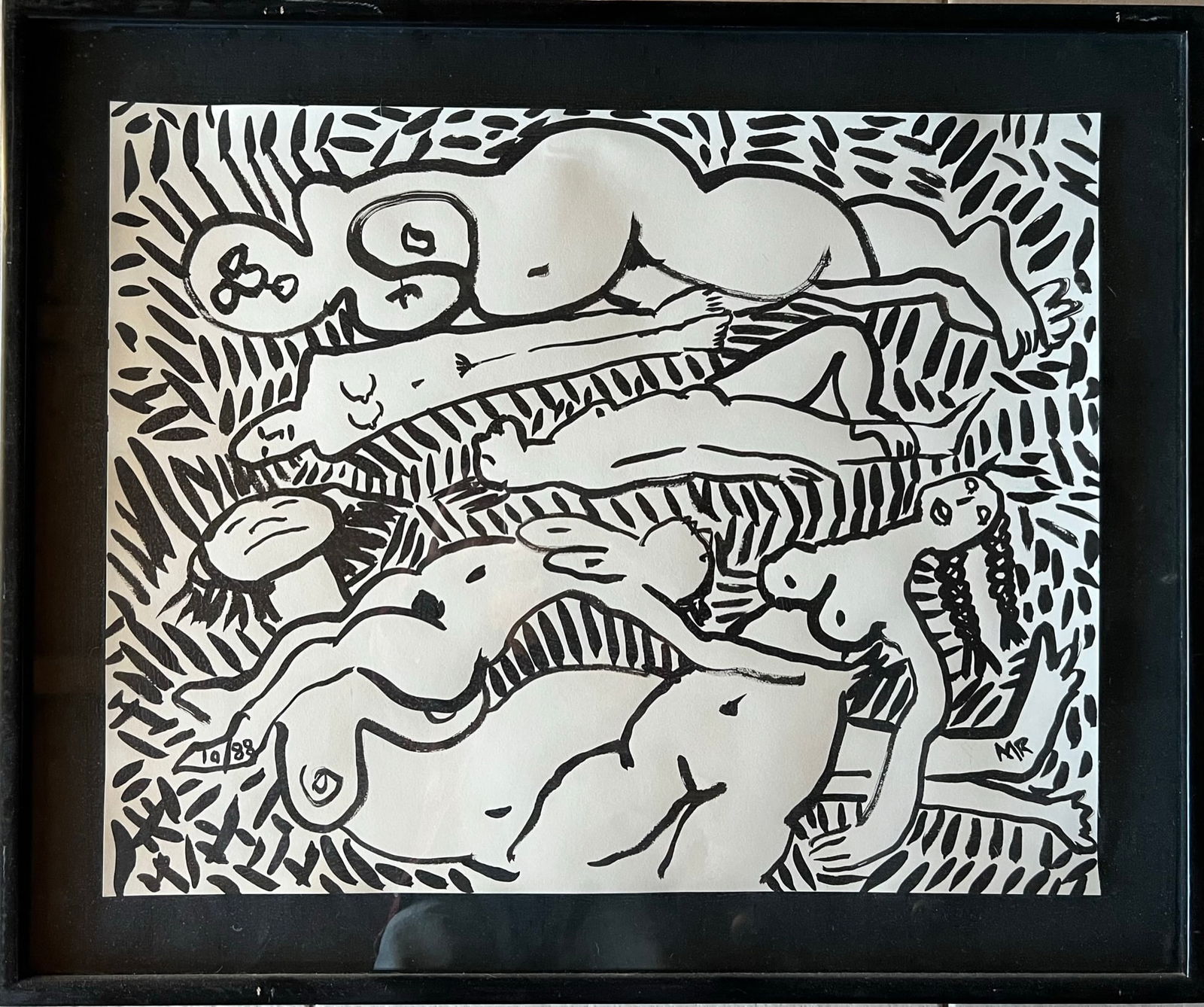 Nudes by MR original signed: Title : Nudes by MR Year: 1988 Black brush drawing on paper. Signed and dated. Dimension: Frame w/ Glass: 24 x 29" Art: 19 x 24"