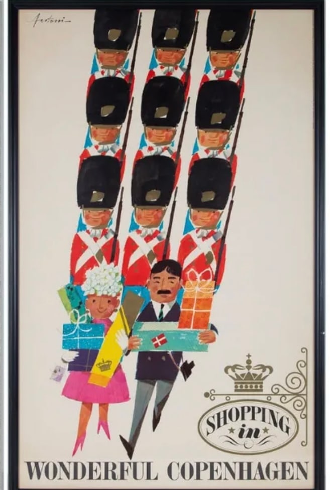 Ib Antoni - Shop in Wonderful Copehagen- original 1966: Ib Antoni - 1966 Original !" Shop In Wonderful Copenhagen" Designed by Ib Antoni and printed in 1966 by Vang Rasmussen in Denmark. Signed in Design. Framed w/ Plexi : 40 1/2 x 25 1/2