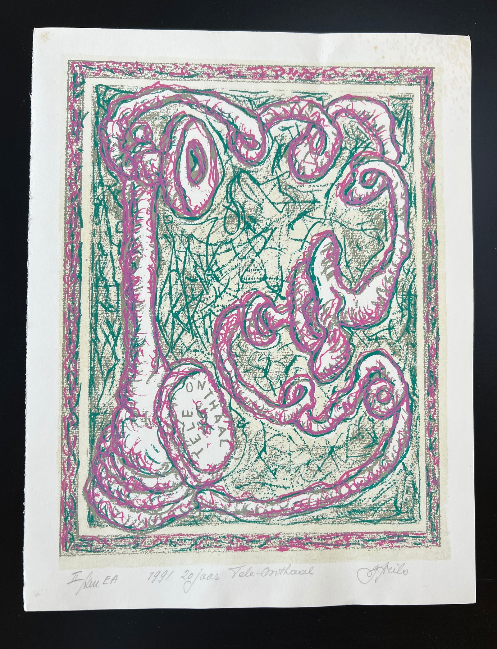 Gustaaf Prils (Belgian 1921-2006) Signed abstract cubist print 1991: Gustaaf Prils (Belgian 1921-2006). Multi color abstract cubist print. Titled, signed , dated 1991. EA (artist proof) Sheet 15.25 x 11.75