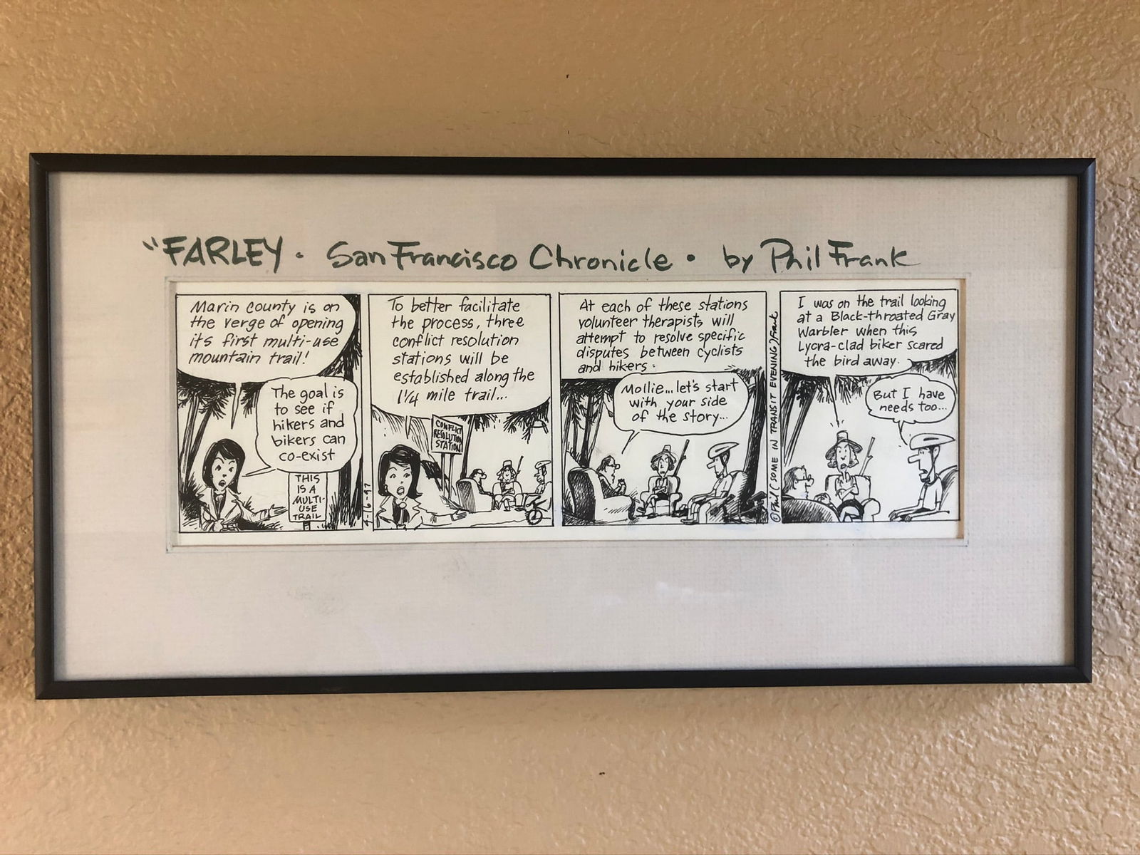 Farley - Phil Frank -original: Farley by Phil Frank - San Francisco Chronicle - original ink - 1977, signed. Dimensions: Art : 4 x 12" Frame: 8 1/8 x 16 1/8"