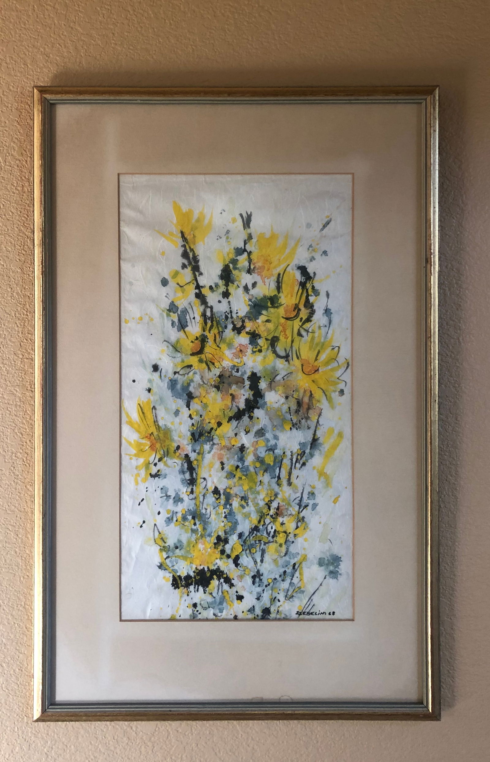 Mid Century Watercolor -signed/dated: Mid Century Painting - Watercolor on hand made crinkled paper, signed : 22Ebelins (?) Amazing floral with spectacular colors, just a stunning work. Framers label verso from 1968. Site: 21 1/2