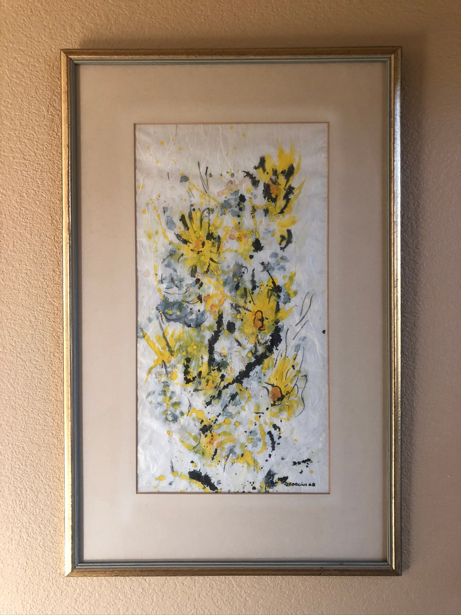 Mid Century Watercolor -signed/dated: Mid Century Painting - Watercolor on hand made crinkled paper, signed : 22Ebelins (?) Amazing floral with spectacular colors, just a stunning work. Framers label verso from 1968. Site: 21 1/2