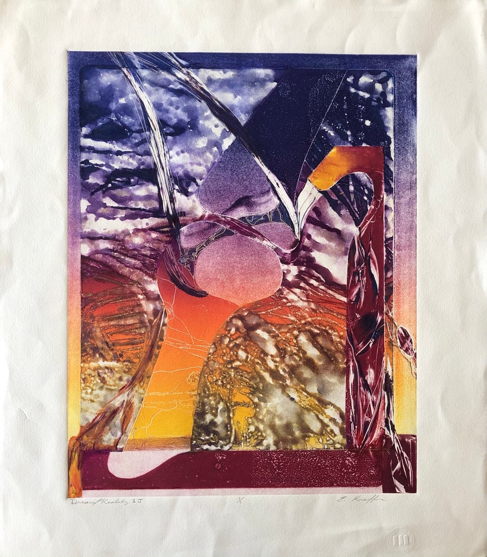 Ellen Kieffer- monoprint: Ellen Kieffer- Monoprint (one off) Edition 1/1 Signed lower right Title: Dream Reality 1J Dimension: 24 3/4 x 21 1/2 Site: 19 1/2 x 15 1/4" Kasterlee Stamp Kieffer was a bay area artist