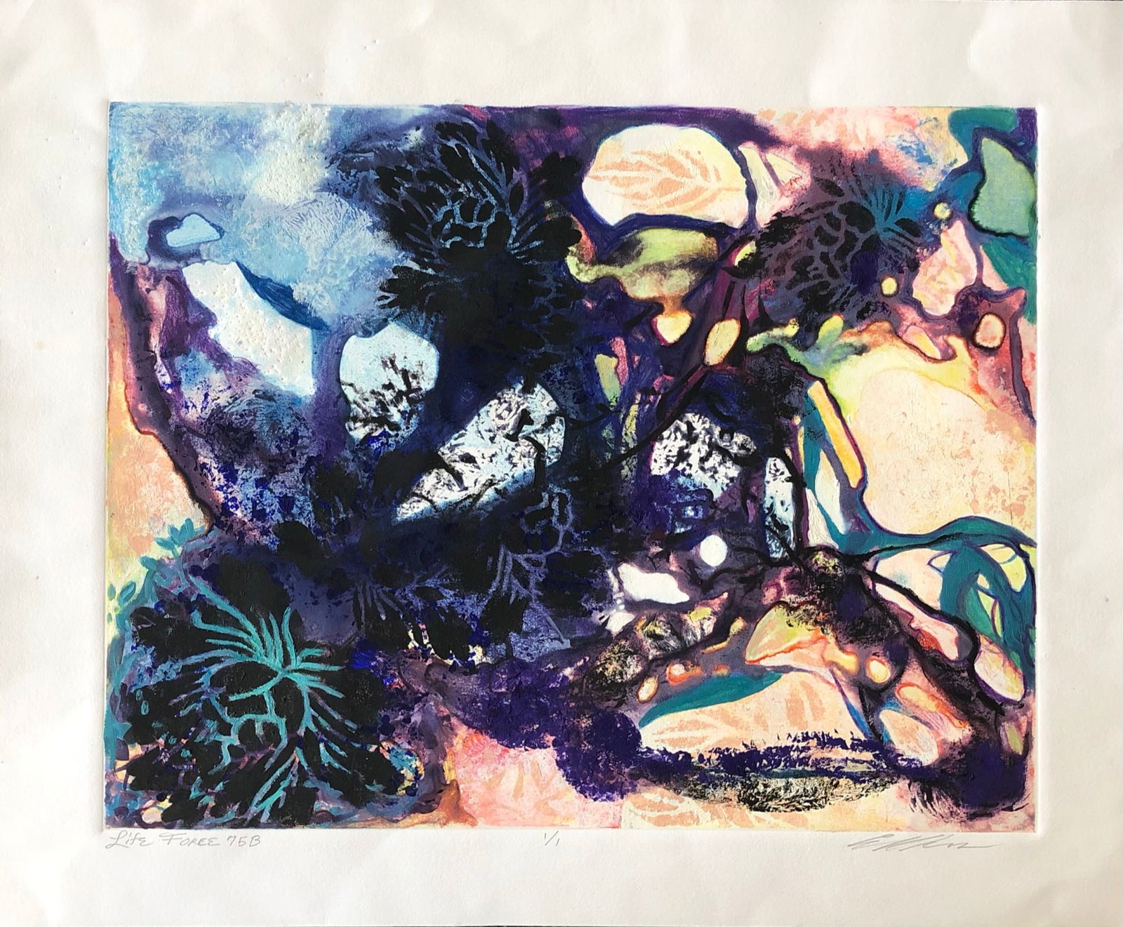 Ellen Kieffer - mix Media Painting: Ellen Kieffer - Painting and Monoprint Mix Media (one off) Various textures w/ some extending into margins - Beautiful work Edition 1/1 Title: Life Force 75B Signed lower right Dimension: 18 3/4 x 23"