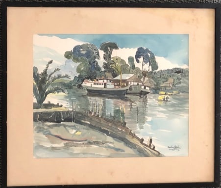 Muslim Saleh- Mid Century painting: Muslim Saleh- Mid Century Watercolor Signed lower right / Dated 1969 Vintage Frame: 16 x 19" Site: 10 1/2 x 13 1/2"