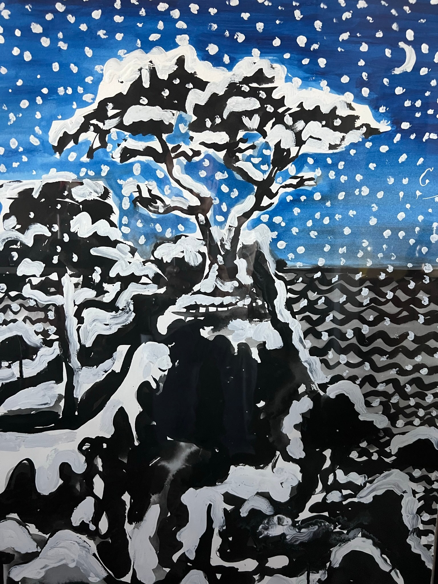 Amanda Watt (b. 1960) Ireland / US Painting: Amanda Watt (b. 1961 ) Ireland / US Painting on Paper in gorgeous framing which was hand painted by the artist. Signed lower right. Title: Snowfall at Snow Pine".. Dimension: Frame - 44 x