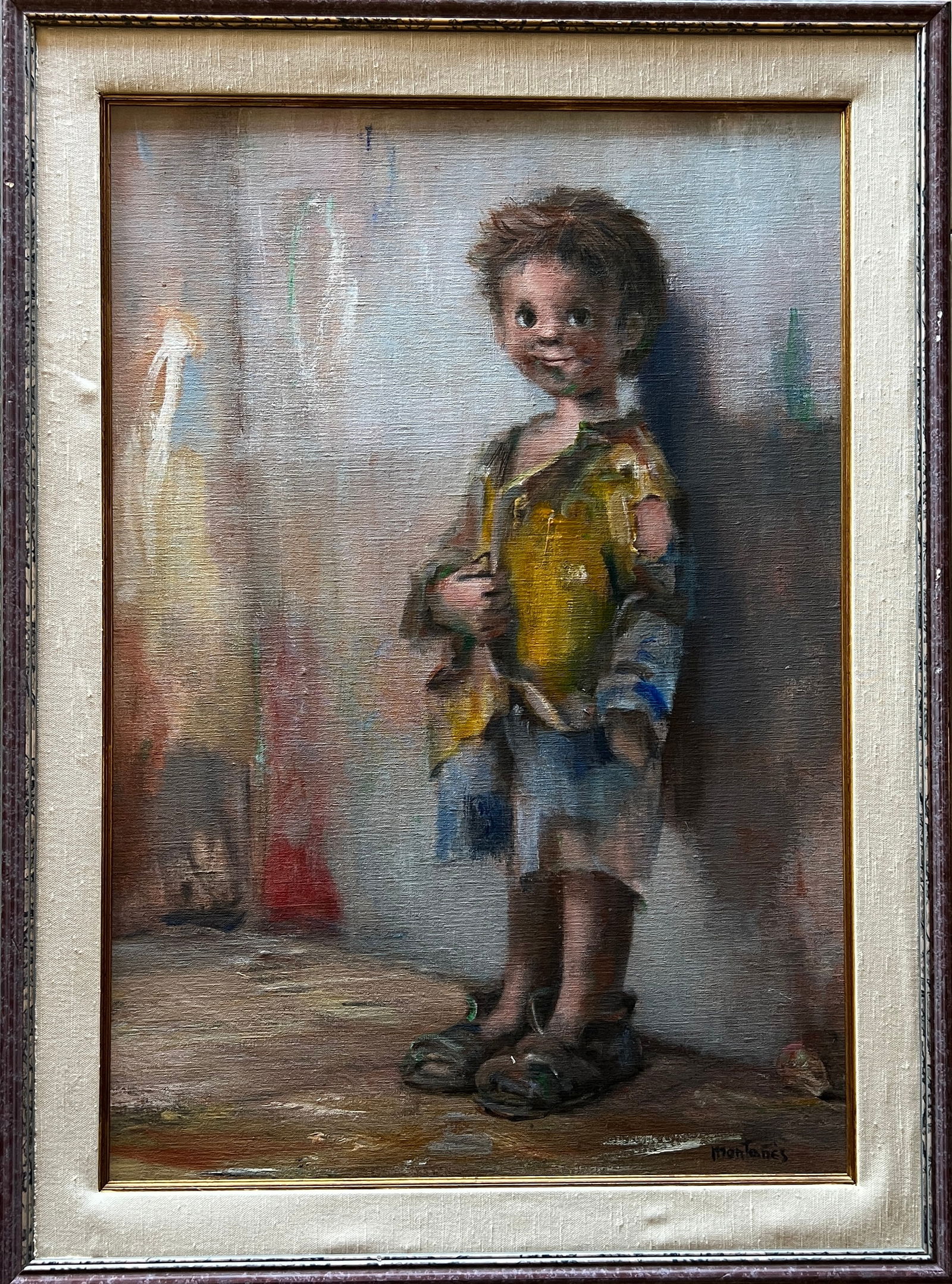 Jose Montanes-(1918=1998) Oil on canvas 1995: Jose Montanes (1918-1998) Spain. Oil on canvas. Title: Child of the Streets. Dimension: Framed: 38.5 x 28.5" Canvas: 33 x 23" Vintage Frame. Gallery bought 1995 w/ envelope on the verso. Listed artist