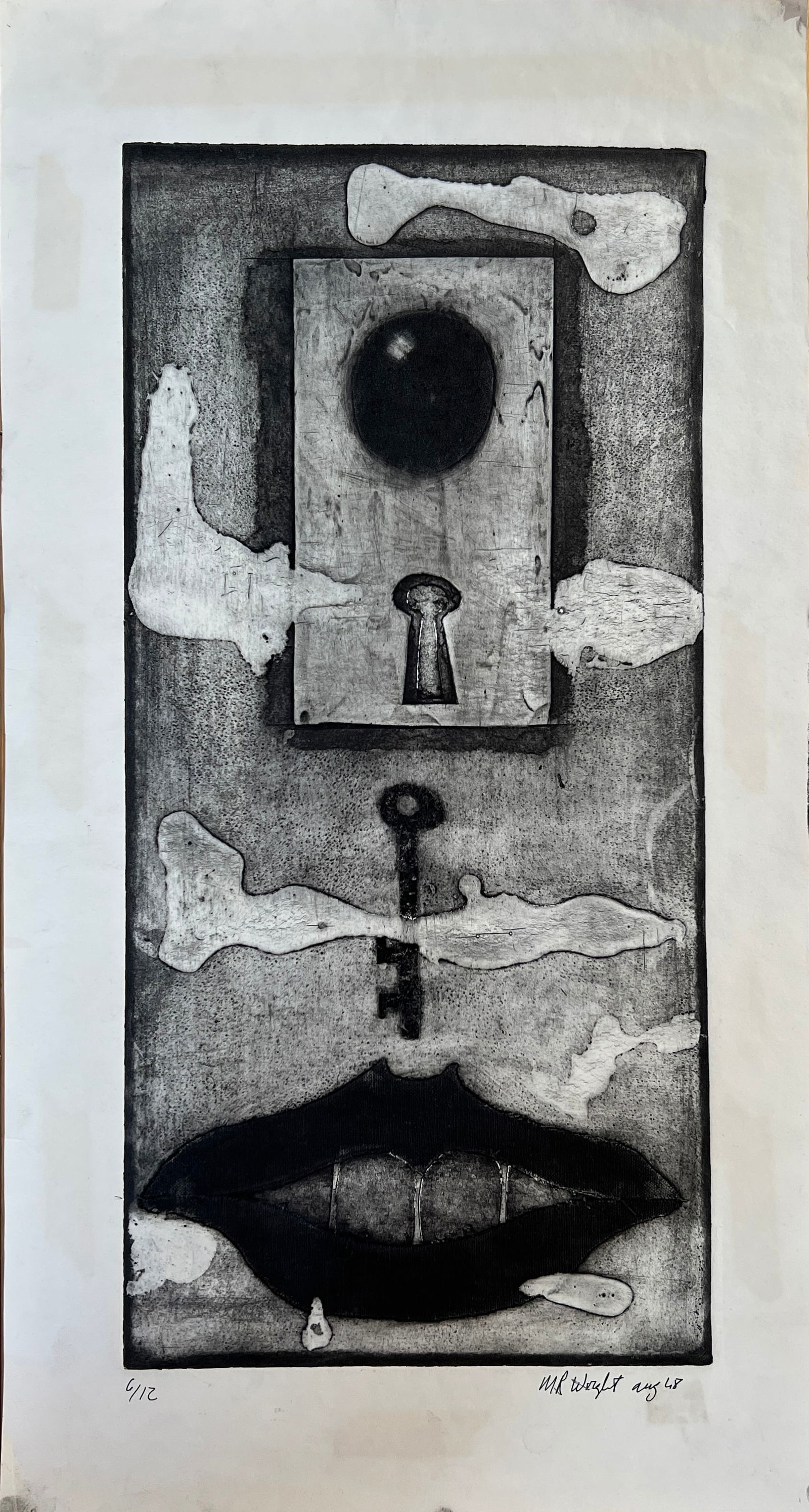 Surrealist etching w embossing 1948 print by M. R. Wright (1 of 6)