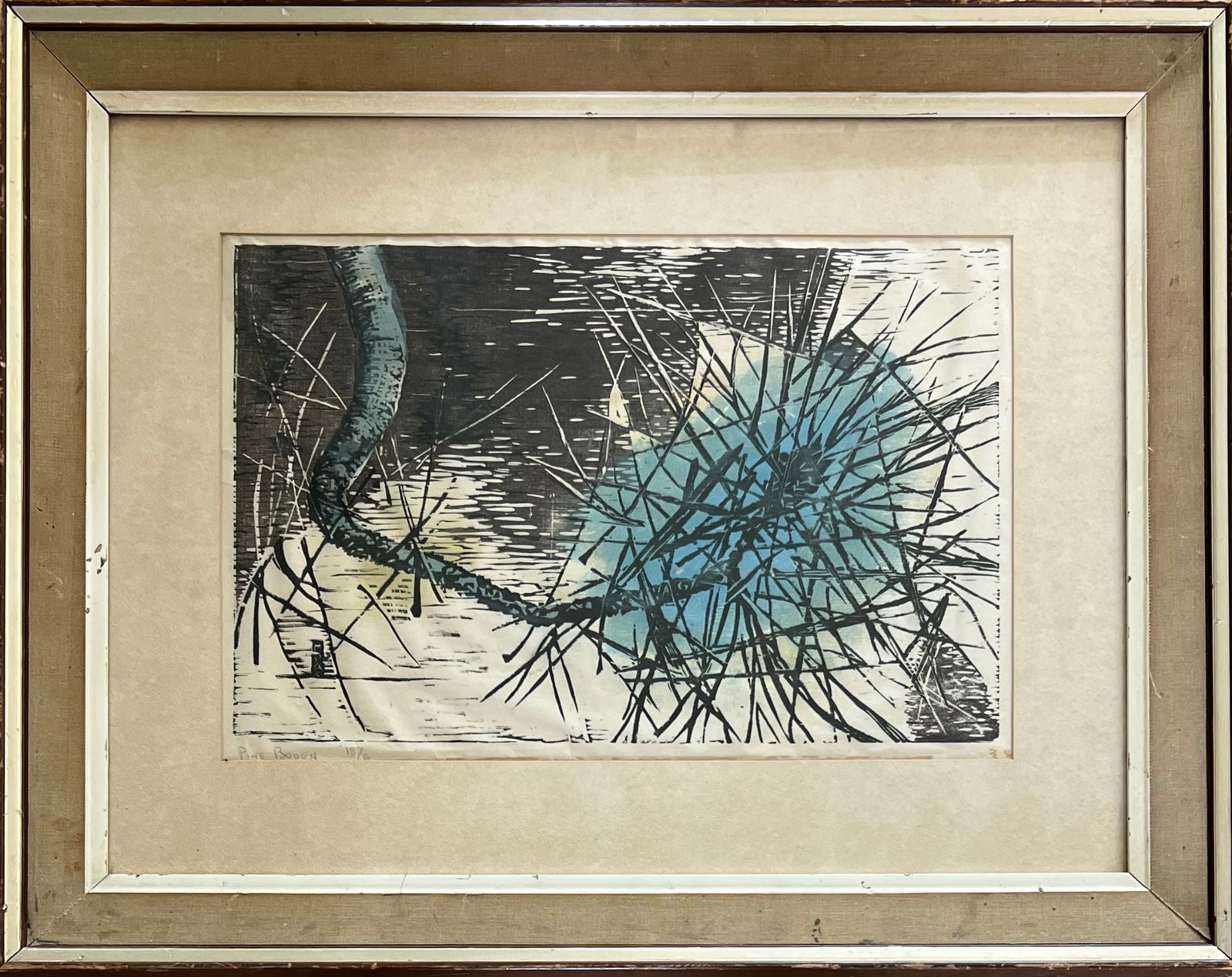 Mid Century Woodblock w/ chop mark signature Title: Pine Bough: Mid Century Woodblock - Title : Pine Bough 18/6 chop mark signature lower right. Great color Frame: 22 x 28 1/4 Sight : 12 x 18 1/2"