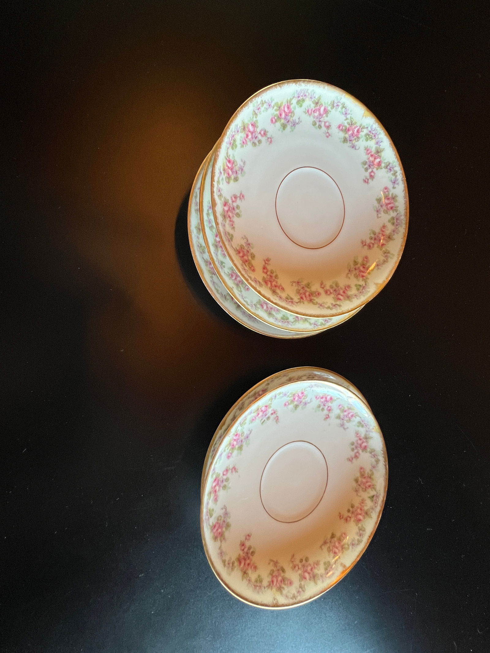 Elite Works Limoges France Saucers-circa 1896-1920: Elite Works Limoges France Saucers - 5 1/2 " diameter. Circa 1896-1920. Red decoration mark showing St. Martia L