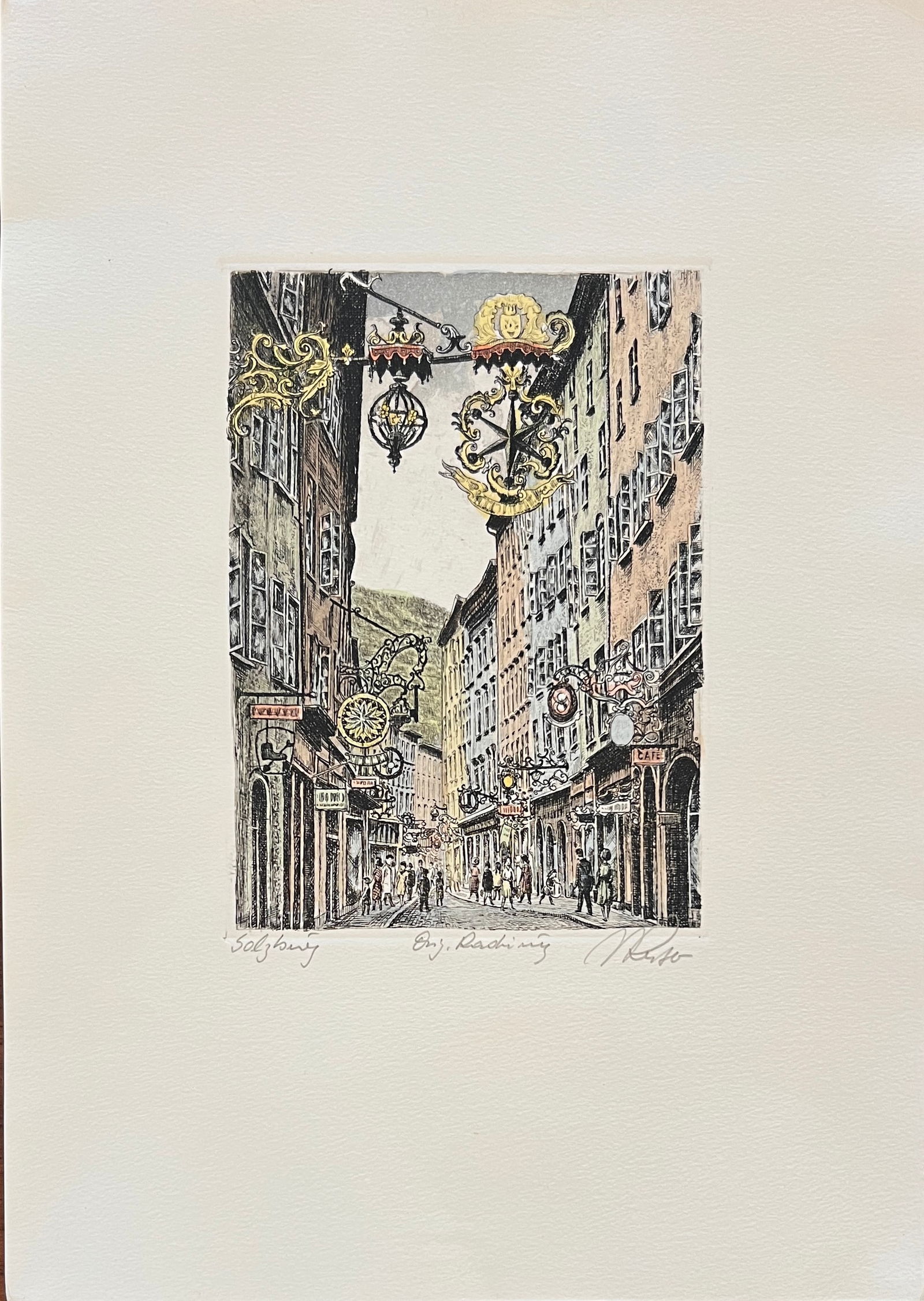 Hand colored etching of Getreidegasse in Austria-signed: Hand colored etching of Getreidegasse, a famous shopping street in Salzburg, Austria. Sheet 13 1/4 x 9 1/2" Art : 6 5/8 x 4 3/4" Signed bottom