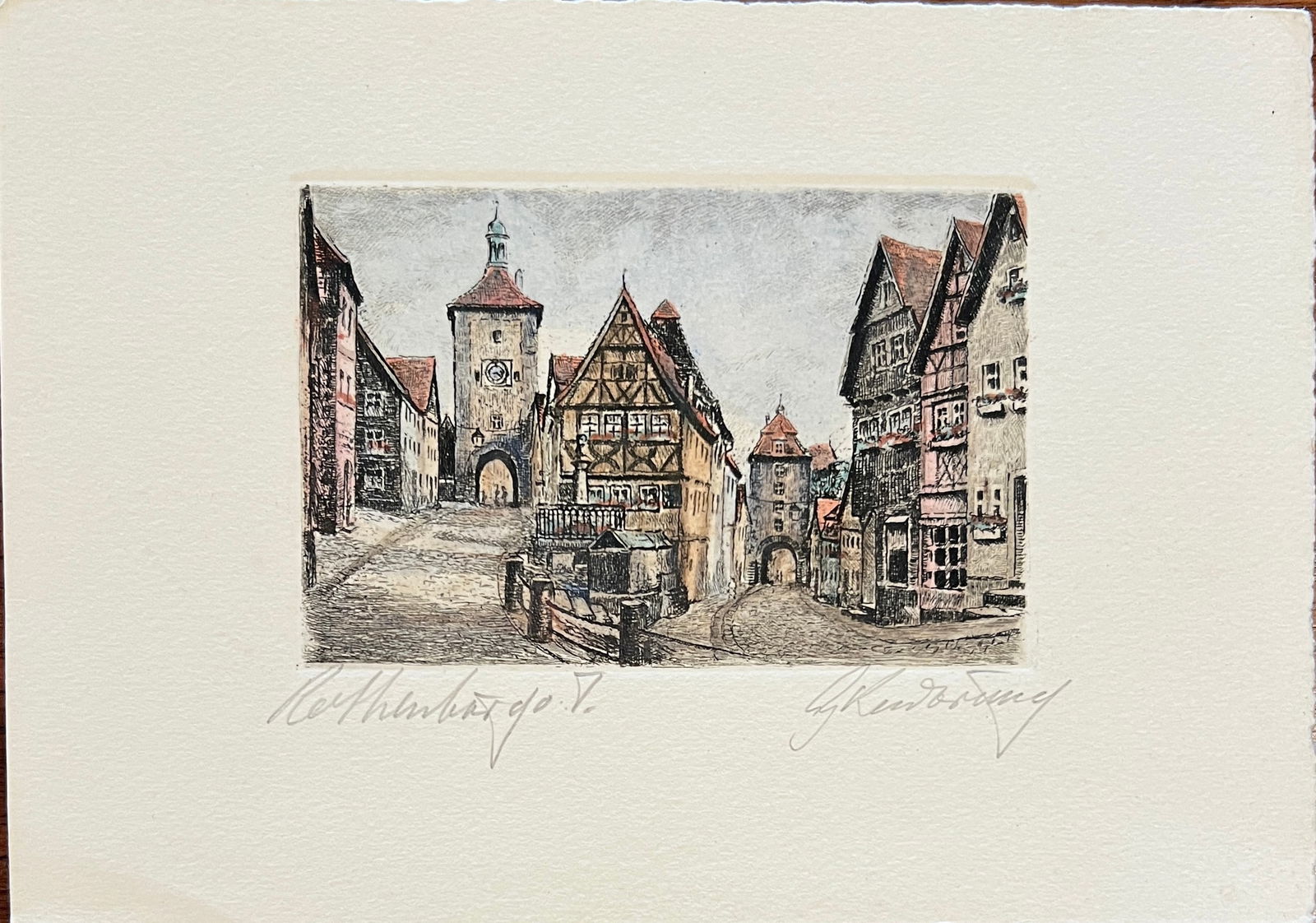 Hand colored etching of the little square in Rothenburg ob der Tauber in Bavaria, Germany - signed (1 of 3)