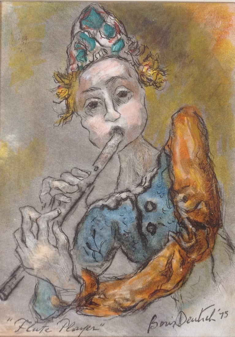 Boris Deutsch (1892-1978) Lithuania: Boris Deutsch - Title: Flute Player. Signer lower right. Charcoal Pasterl Mix Medium. Frame: 17 3/4 x 14 7/8" Site: 8 x 6" Modernist figurative painter. First solo exhibition at the Los Angeles