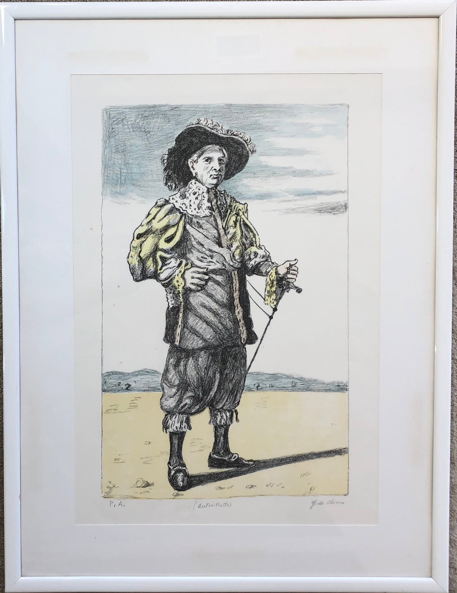 Giorgio de Chirico (1988-1978) Autoritratto, Signed: Giorgio de Chirico (1988-1978) Italy. Title: Autoritratto (self portrait in costume) Signed lower right. This is a "proof". Chirico stamp located lower left. (stamp of Alberto Caprini's printing