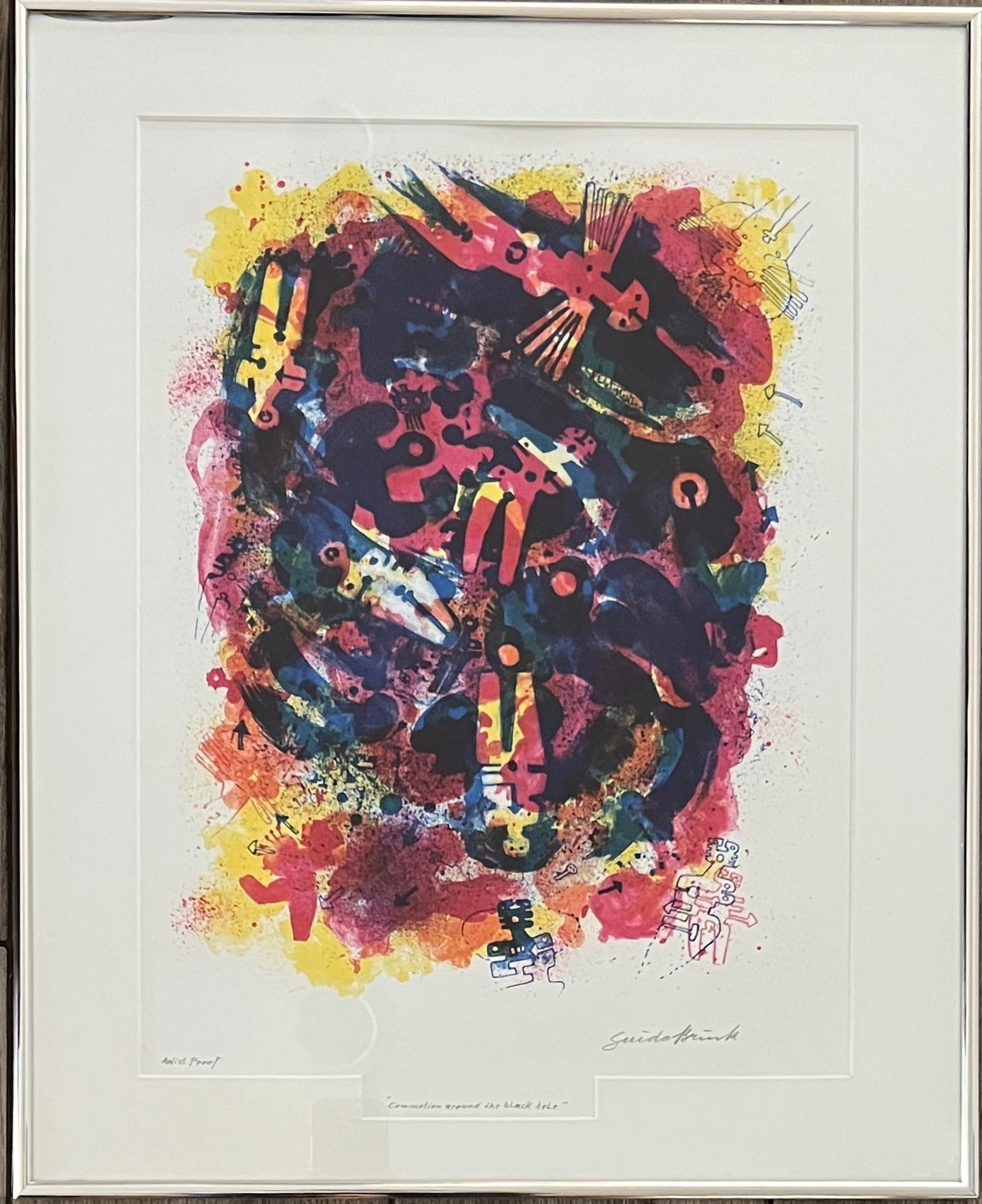 Guido Brink (1913-2003) Germany - Abstract: Artist: Guido Brink. (1913-2002) German. Title: Commotion around the Black Hole. Type: Lithograph. Artist Proof. Signed lower right. Art: 19 x 14.5" Frame: Metal 24 x 19.5". Brink was one of the