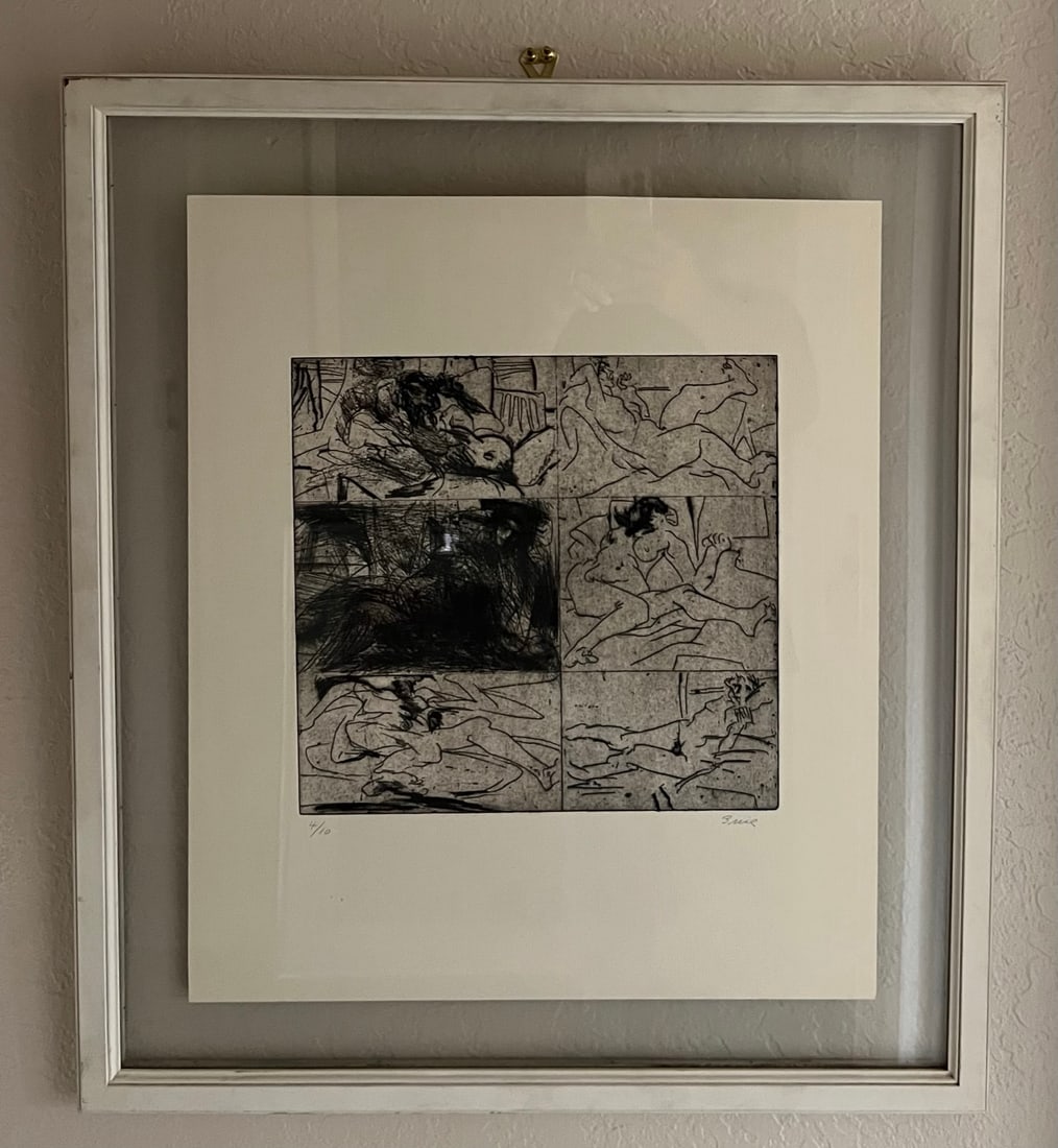 William Brice (1921-2008) Six Figure Variations 1961 Signed w Provenance and labels: William Brice (1921-2008) Six Figure Variations - etching Year: 1961 This is a rare edition 4 /10. Hirshhorn label verso (Hirshhorn Museum), Frank Perls Beverly Hills Gallery label. Frank Perls was