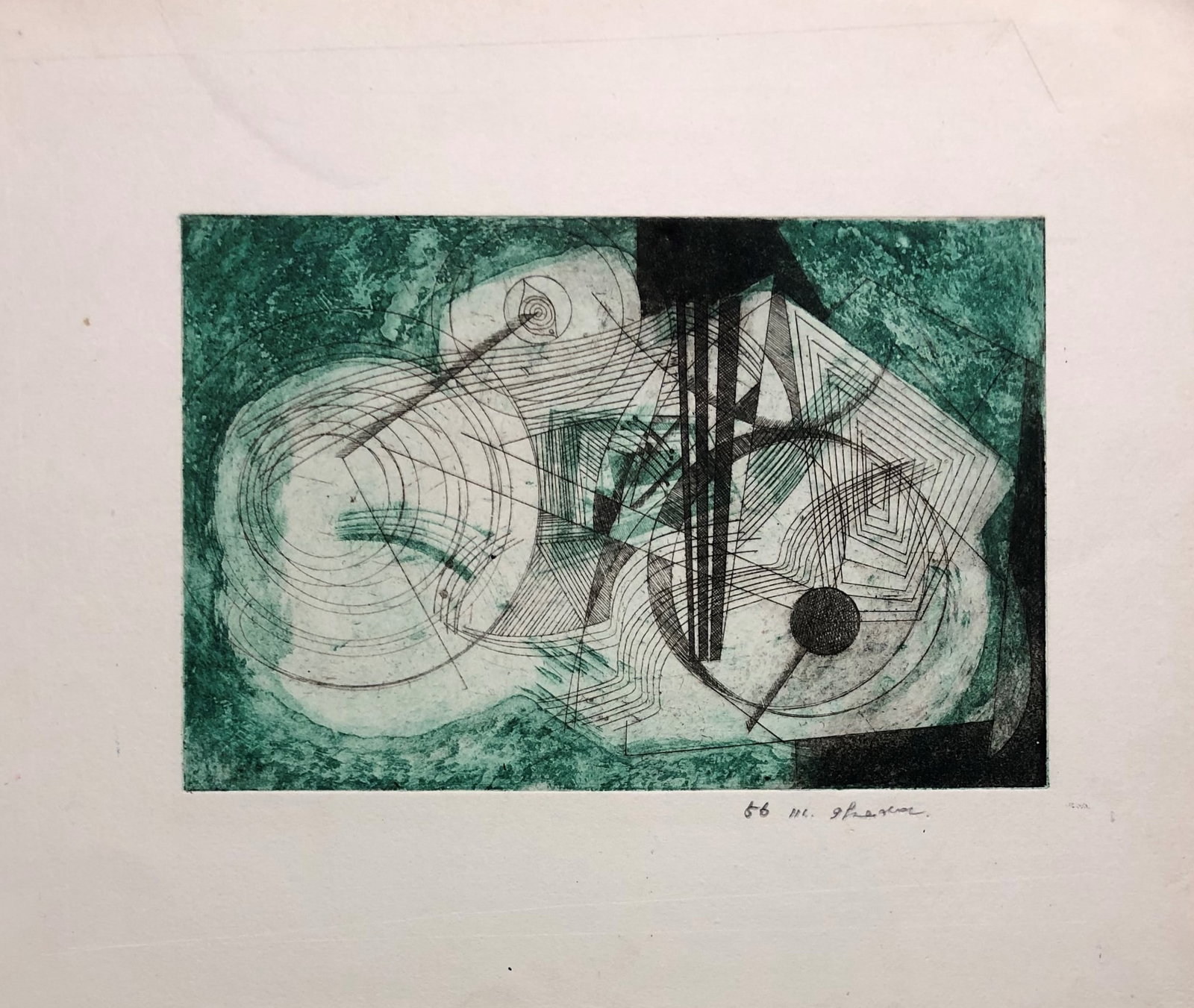 MASUO IKEDA ( 1934-1997) - Color Etching 1956: ARTIST: MASUO IKEDA ( 1934-1997) TITLE: CIRCLES AND WAVES, GREEN AND BLACK SiGNED: YES, SIGNED IN PENCIL TYPE: COLOR ETCHING YEAR: 1956 DIMENSION: SHEET: 8 3/4" x 11" IMAGE: 4 3/4" x u" CONDITION: