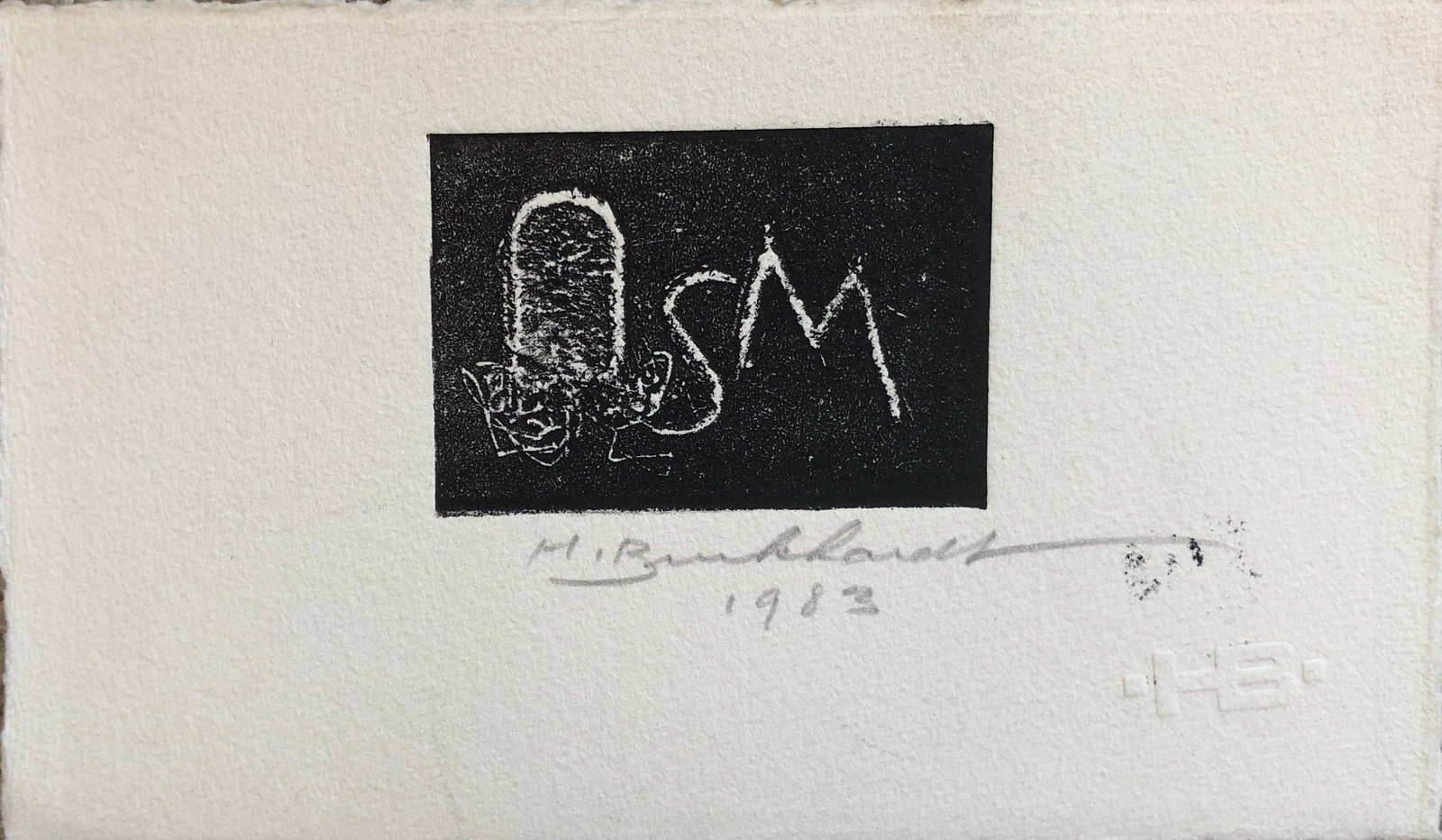 Hans Burkhardt (1919-2011) Swiss / American: Hans Burkhardt - Linocut - Signed / Dated 1983 Watermark " HB " lower right. Sheet 4 x 7"