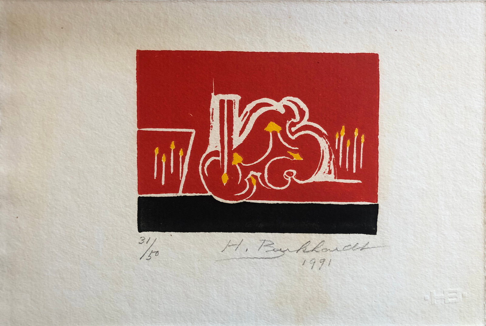 Hans Burkhardt (1919-2011) Swiss / American: Hans Burkhardt - linocut Signed / Dated 1991 Watermark " HB " lower right. Edition # 31 / 50 Sheet: 8 x 11 1/2 Image: 4 1/4 x 5 1/2