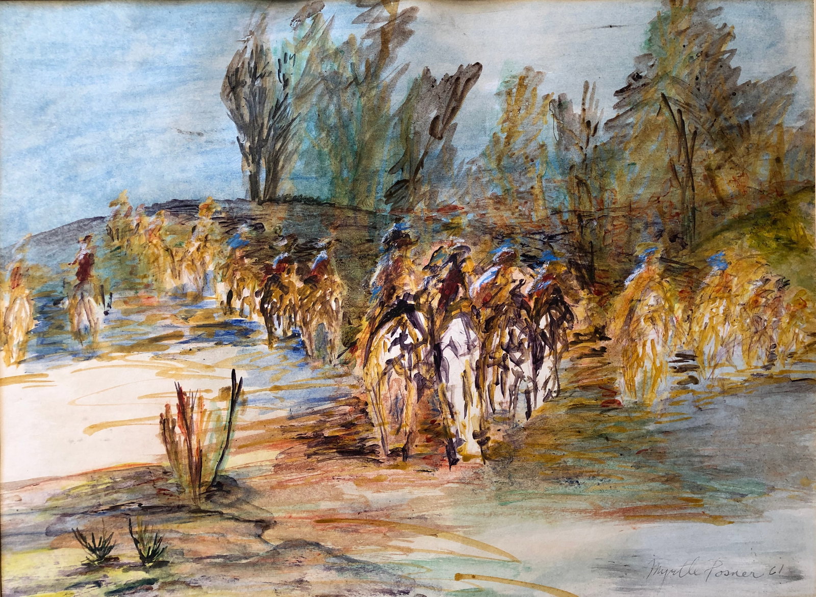 Myrtle Posner- Mid Century Painting: Myrtle Posner - Watercolor Signed and Dated lower right. 1961 Title " The Hunt" NO FRAME Site: 16 3/4 x 22 3/4" Gorgeous colors. Listed CA artist known for abstract and non objective landscape,