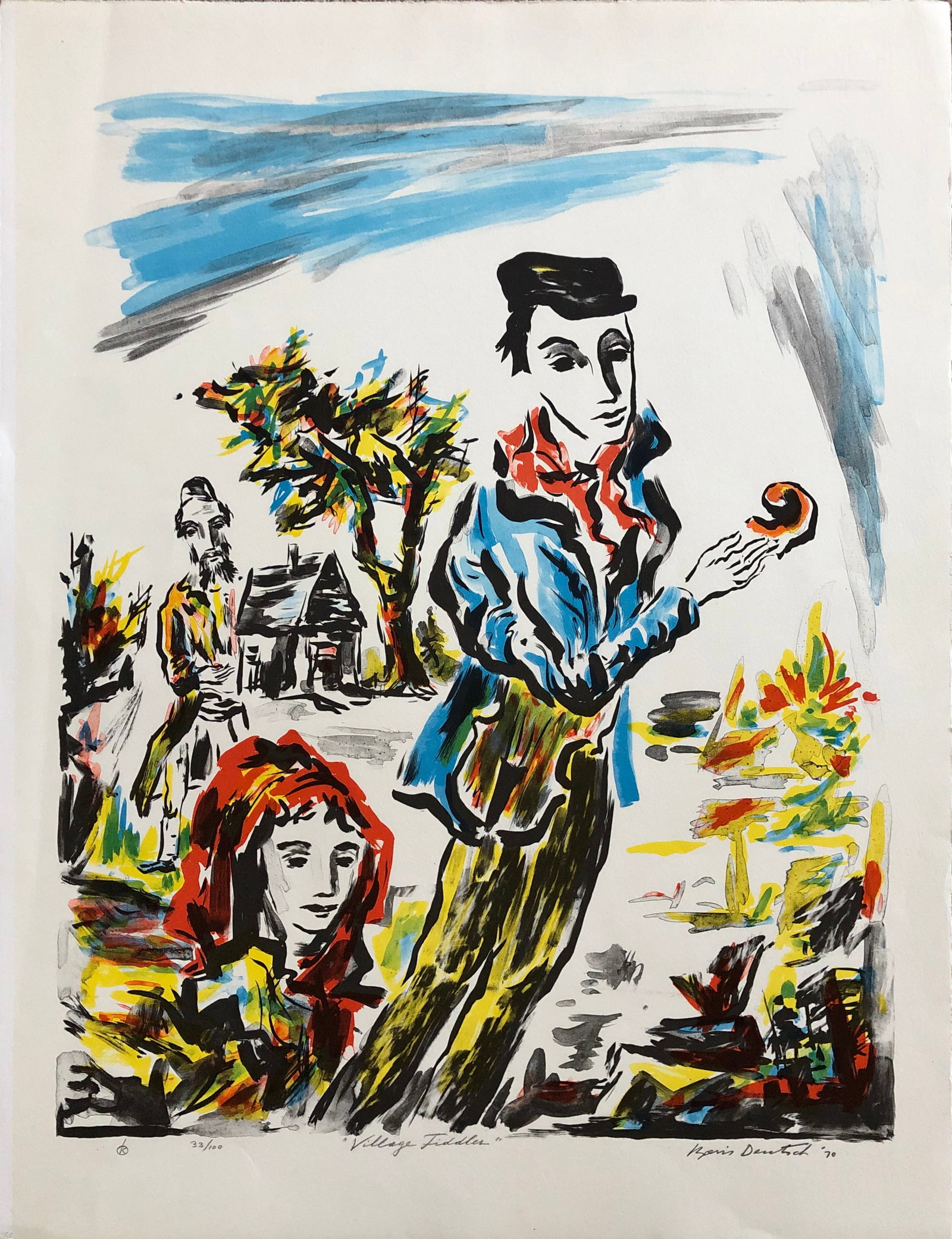 Boris Deutsch (1892-1978) Lithuania: Boris Deutsch - "Village Fidler" 33 /100 Signer lower right. BFK Rivas Watermark top right. KISTLER Printing. Dimension: 26 x 20". Modernist figurative painter. First solo exhibition at the Los