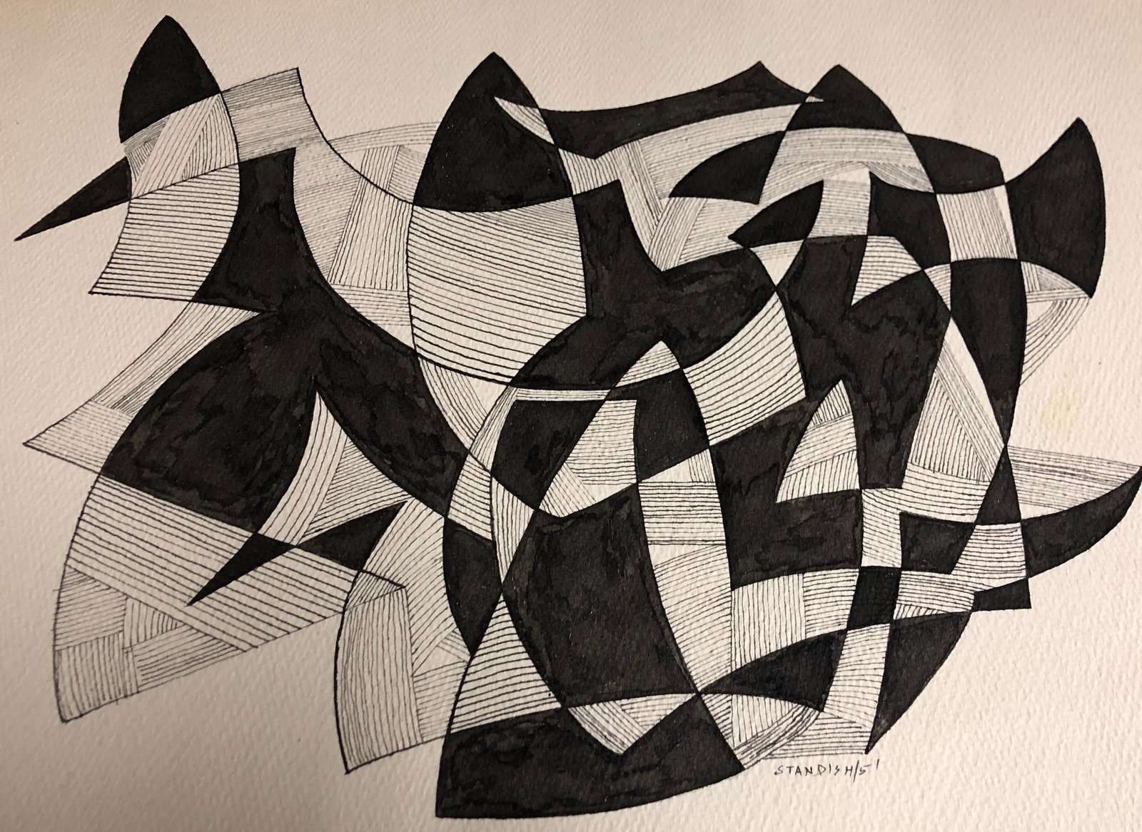 Schuyler Standish ( 1927-2010): Schuyler Standish - Black ink w/ possible paint as well. Great RARE abstract by Standish. Dated 1951. Signed. Size: 15 1/8" x 22 1/8". This is quite a scarce work and would look great framed.