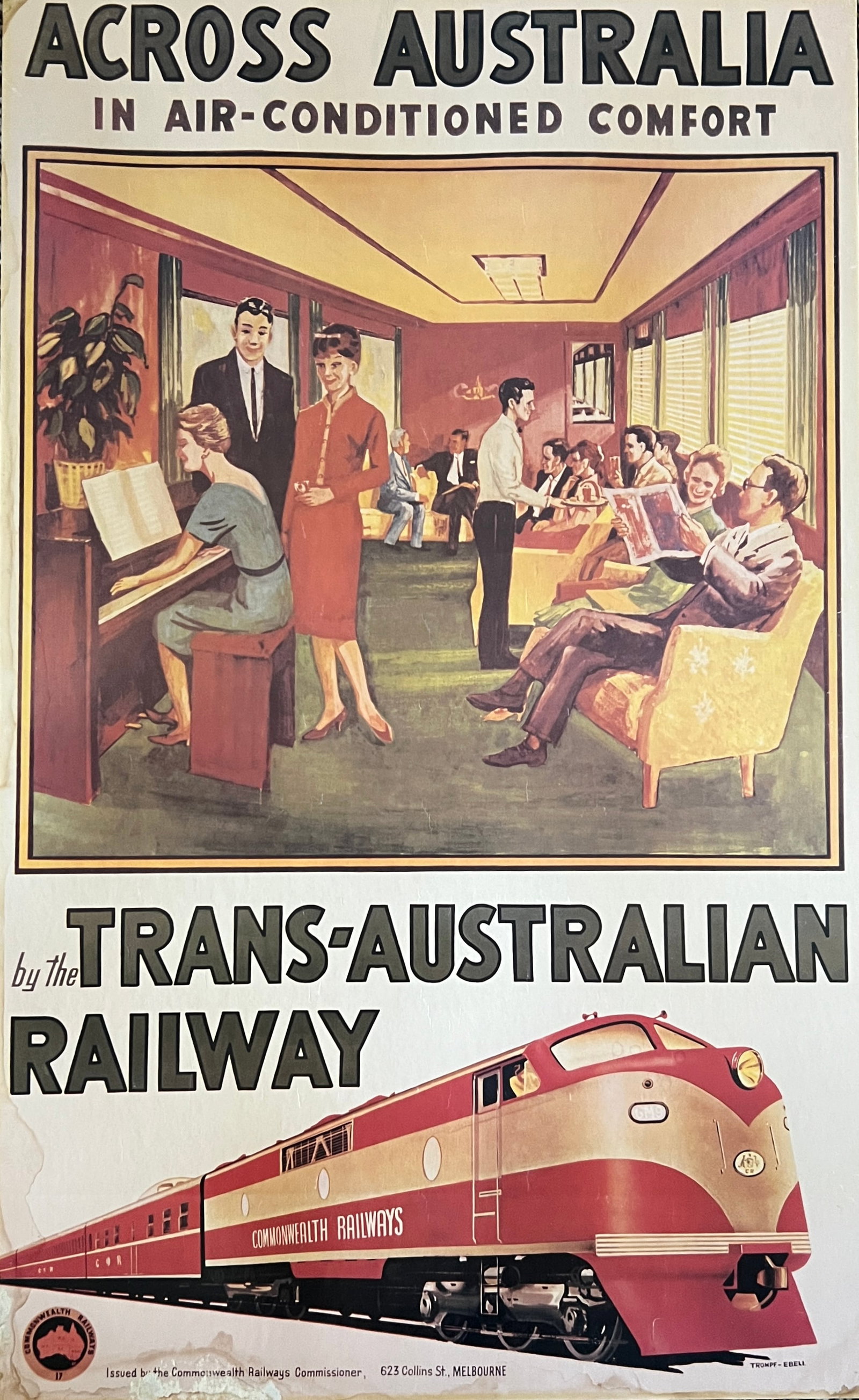 Trans Australia Railway - Across Australia -Original lithograph 1950's: Across Australia by the Trans - Australia Railway. Original VERY RARE lithgraph that was mounted on board decades ago. Removed from the frame. Dimension: 33 3/4 x 20 3/4.