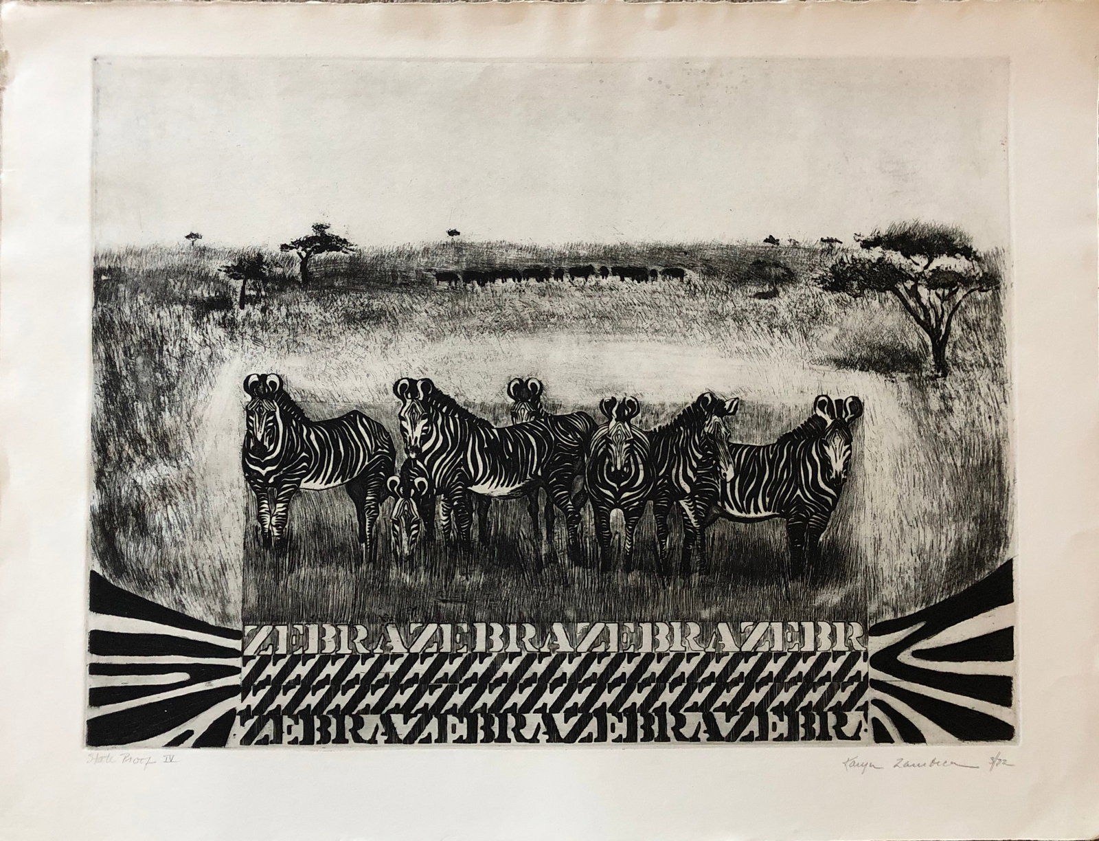Karyn Zarubica - Mid Century Etching: Karyn Zarubica - Etching Title: Zebra Signed lower right. Date: March , 1972 Edition: State Proof 1V, Provenance: Direct from family. Dimension: 21 1/2 x 28 1/4" What a great unique work by Zarubica.