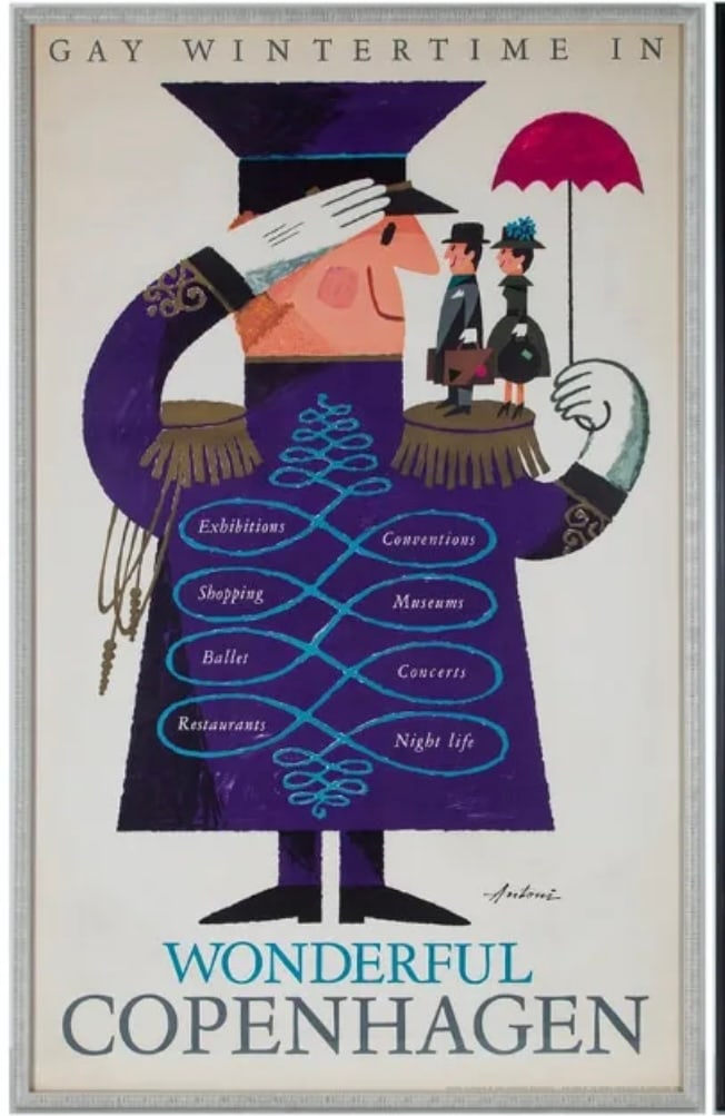Ib Antoni - Wintertime in Wonderful Copenhagen original 1963: Ib Antoni - 1963 Original !" Gay Wintertime in Wonderful Copenhagen" Designed by Ib Antoni and printed in 1963 by Vang Rasmussen in Denmark. Signed in Design. Framed w/ Plexi : 40 1/2 x 25 1/2"