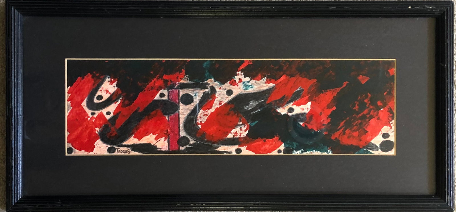 Trocas - Painting -Mid Century Mix Media: Artist: Trocas Signed: Yes, lower left Period: Mid Century Type: Mix Media Dimensions: Image: 4 1/4 x 14 3/4 Frame: 9 1/2 x 20"