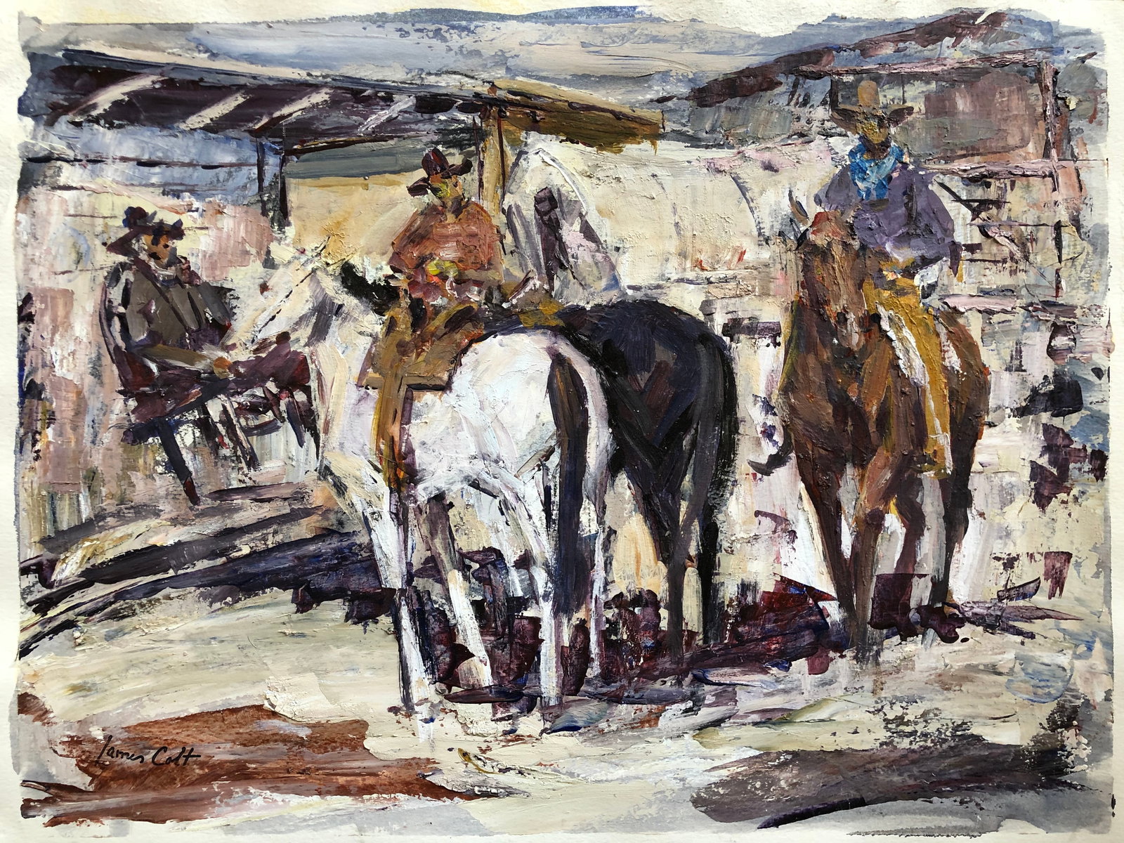 James Colt (1922-2005) Oil painting: James Colt ( 1922-2005) Oil painting on paper. Signed lower left. 18' x 24'. His impressionistic work is easily recognizable. A listed Western artist, he is known for his scene paintings with cowboys