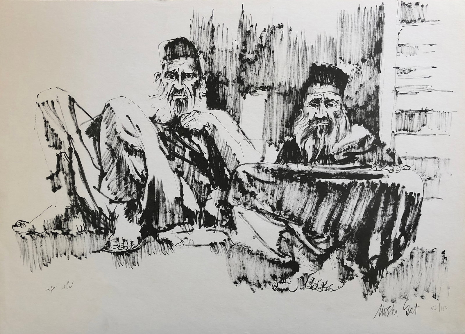 Moshe Gat (b. 1935) Israel - lithograph: Moshe Gat (b. 1935) Israel Title: Two Old Men Lithograph Signed in Pencil. Edition # 55 / 150 Dimension: 19 3/4 x 27 1/2" Born in Haifa in October 1934, by the age of sixteen his artistic talent had