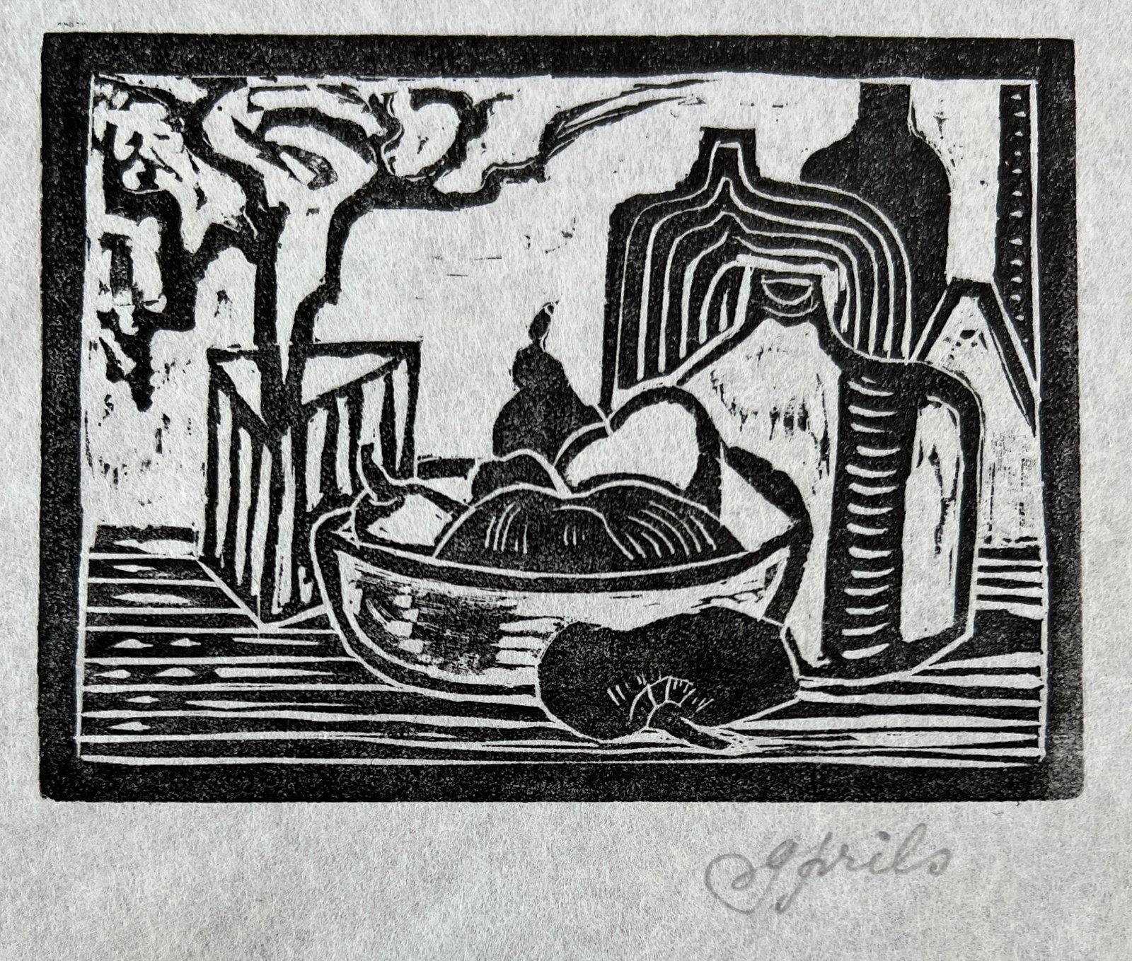 Gustaaf Prils (Belgian 1921-2006) Woodblock signed: Gustaaf Prils (Belgian 1921-2006) Woodblock. Signed pencil. Dimension; Sheet 12 x 9, Image 3.5x 4.5